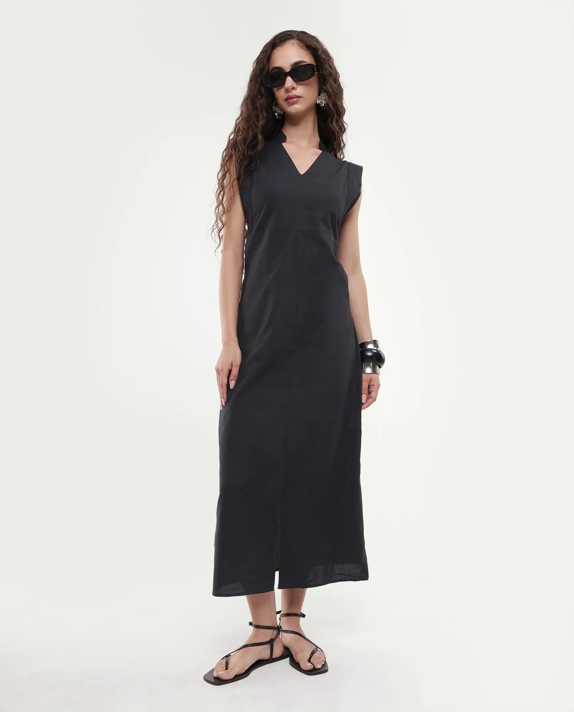 Rareism Women's Jenzo Black Cotton Sleeveless Mandarin Collar Straight Fit Plain Dress