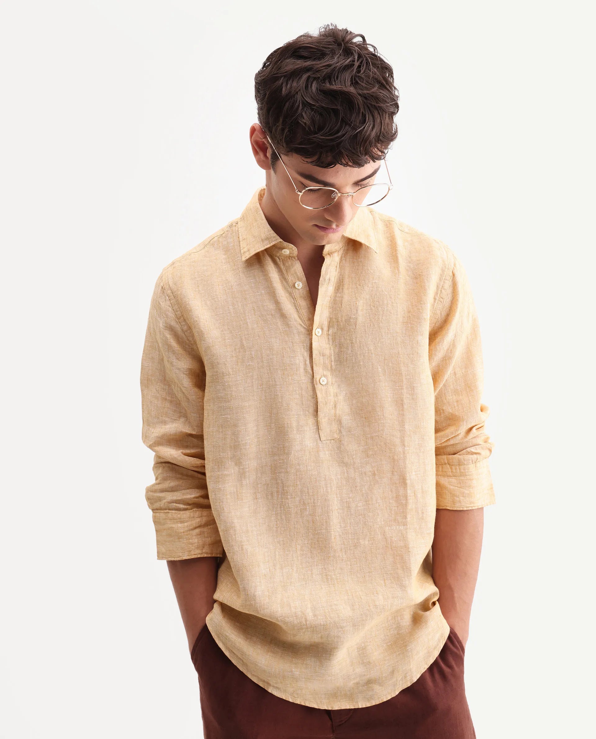 Rare Rabbit Men's Kurts Dusky Yellow 100% Linen Plain Regular Fit Full Sleeve Collared Shirt