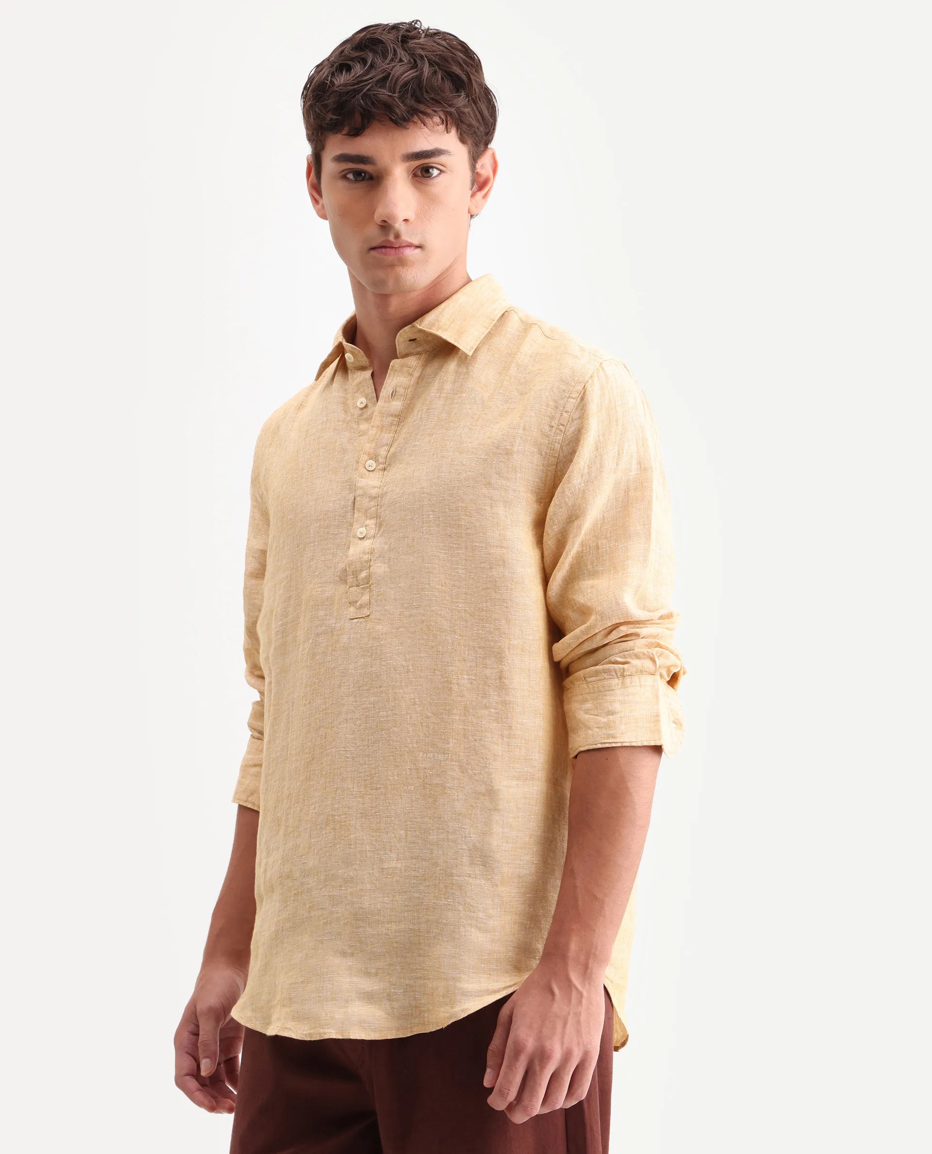 Rare Rabbit Men's Kurts Dusky Yellow 100% Linen Plain Regular Fit Full Sleeve Collared Shirt