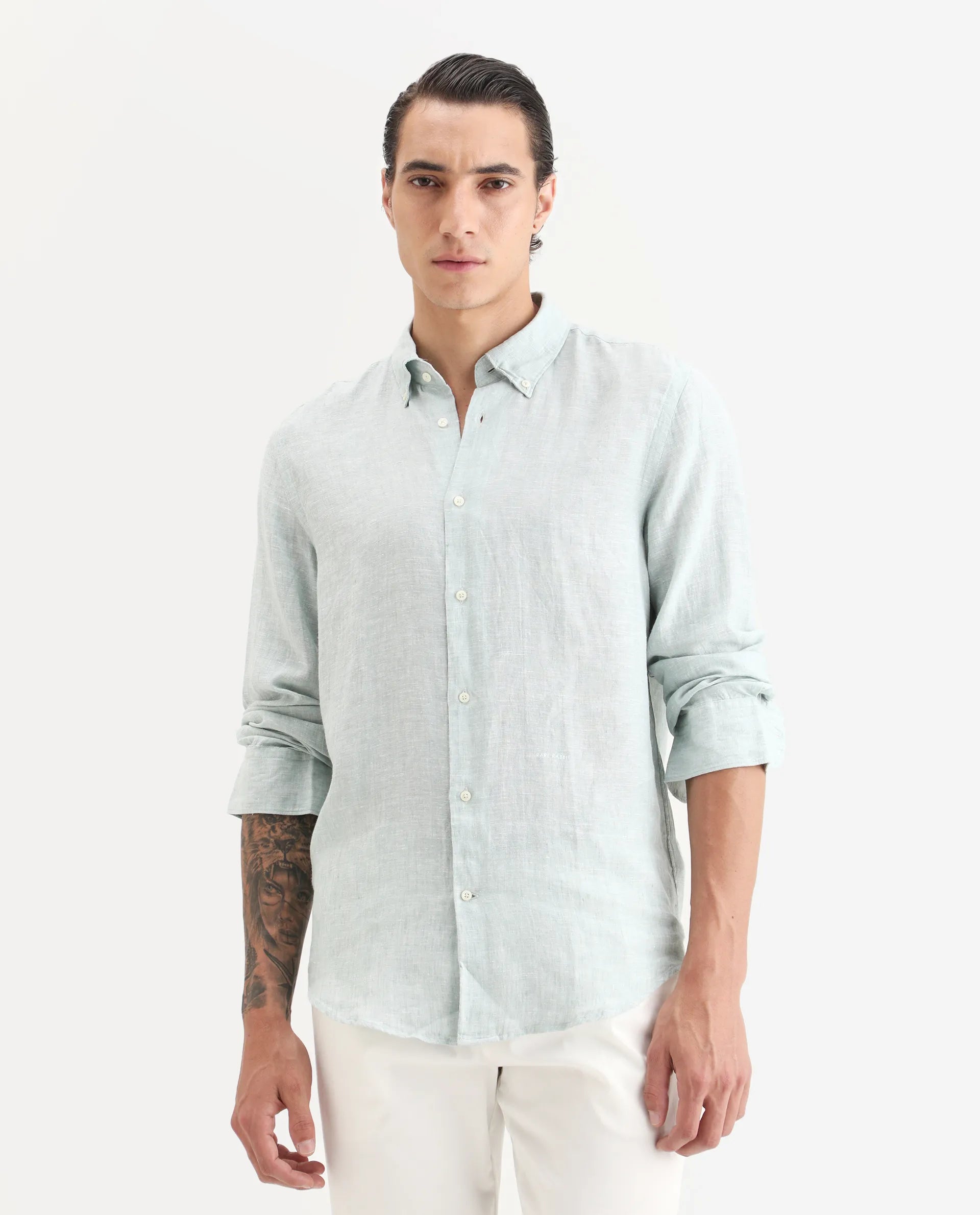 Rare Rabbit Men's Lucis Aqua 100% Linen Plain Regular Fit Full Sleeve Collared Shirt