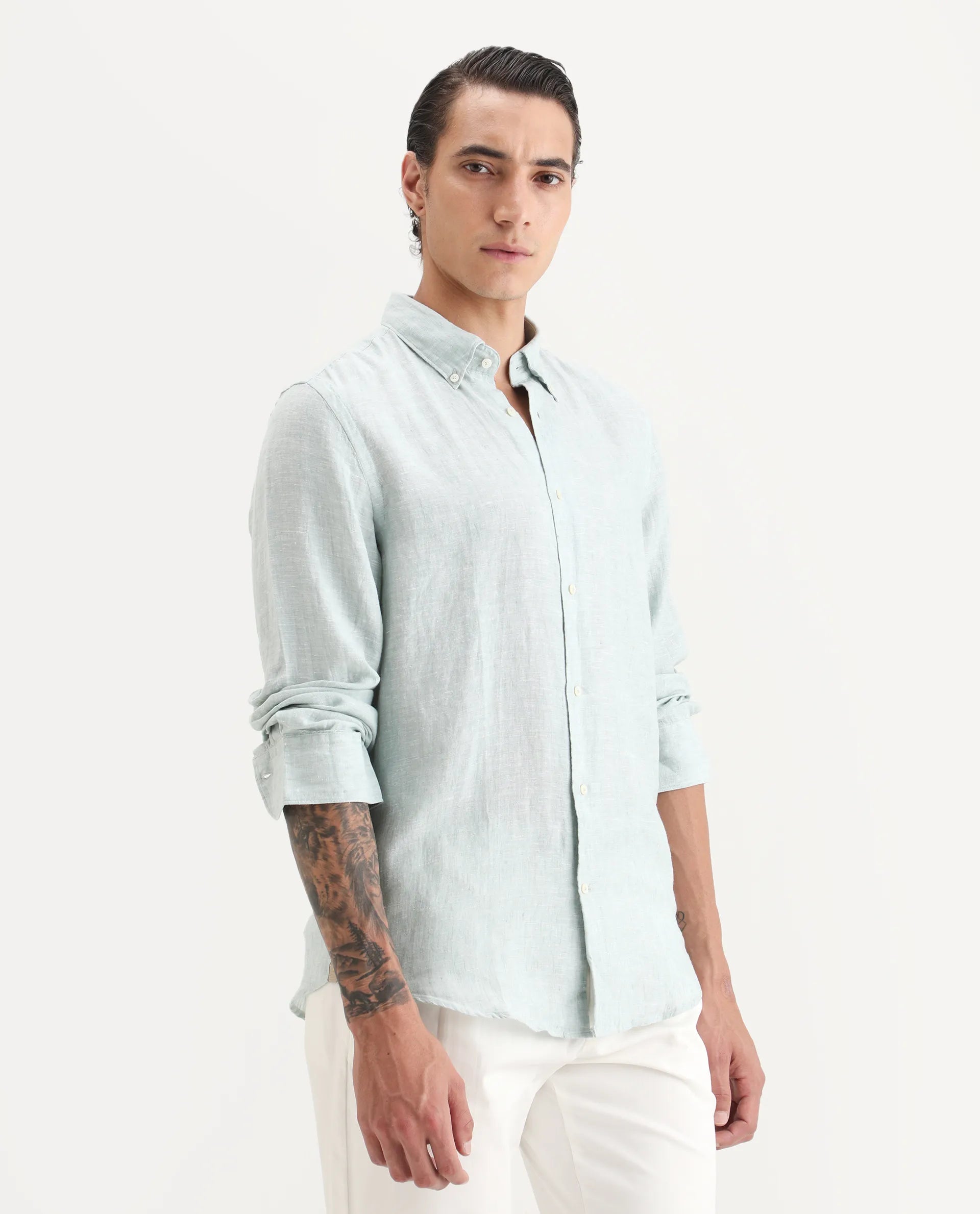 Rare Rabbit Men's Lucis Aqua 100% Linen Plain Regular Fit Full Sleeve Collared Shirt