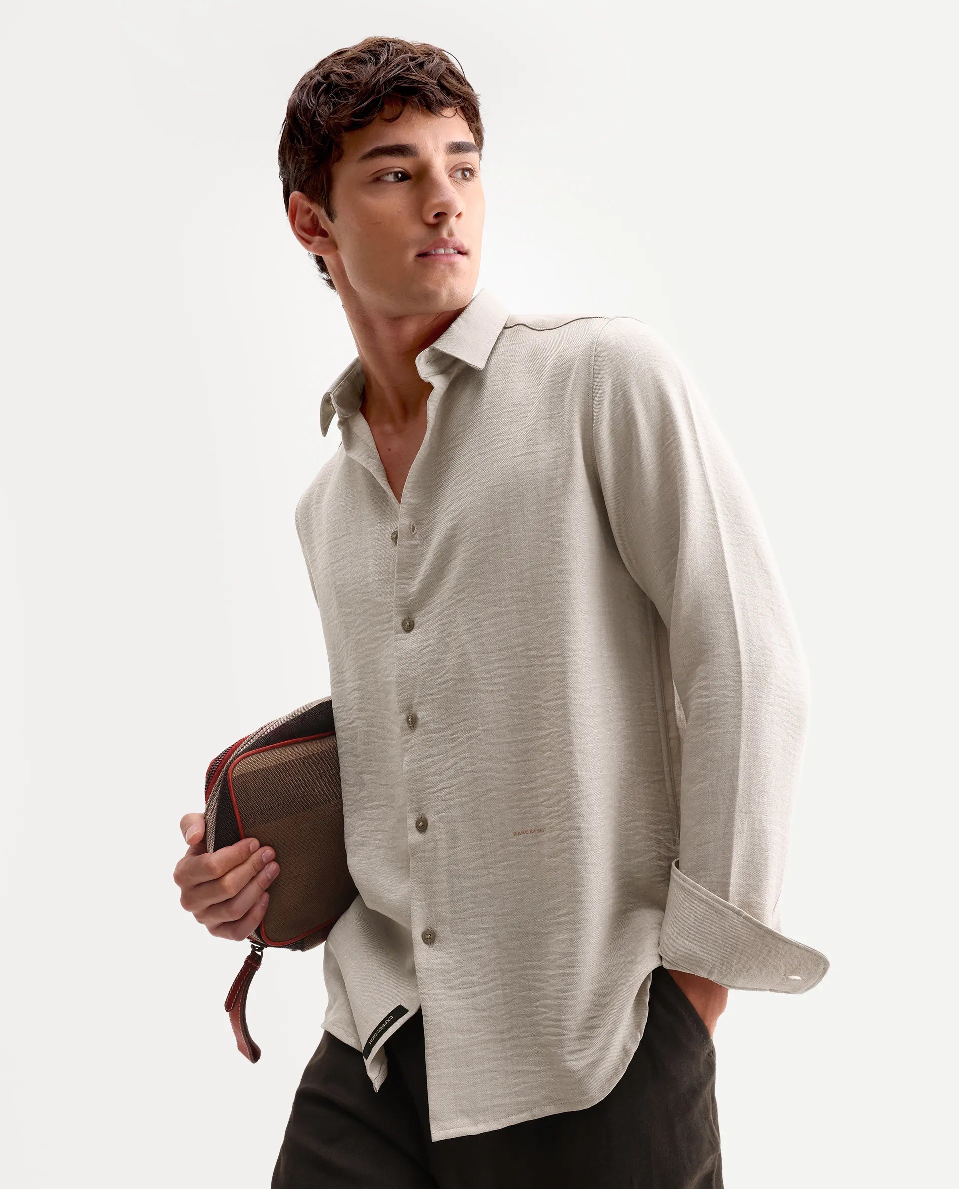 Rare Rabbit Men's Lucis Grey 100% Linen Plain Regular Fit Full Sleeve Collared Shirt