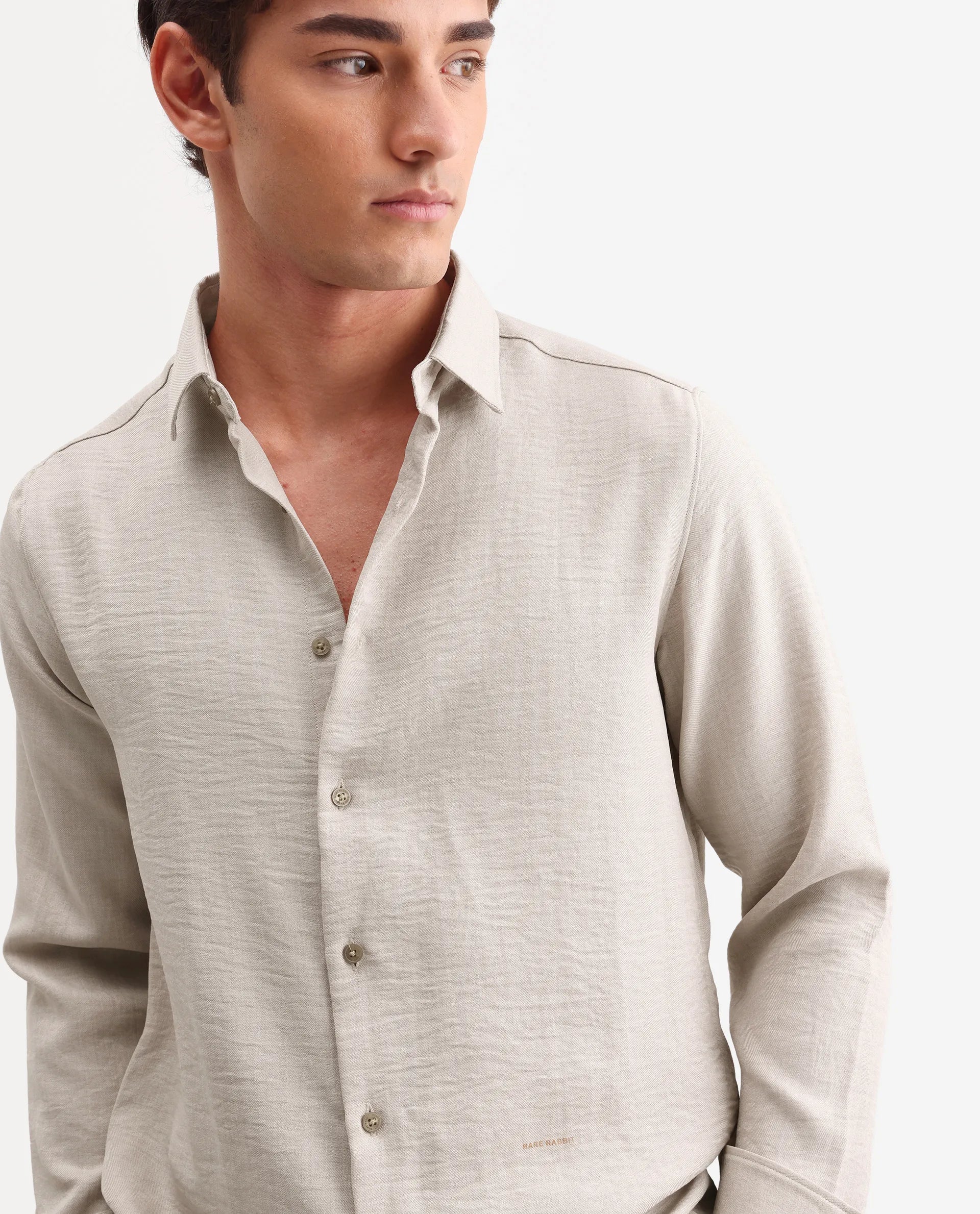 Rare Rabbit Men's Lucis Grey 100% Linen Plain Regular Fit Full Sleeve Collared Shirt