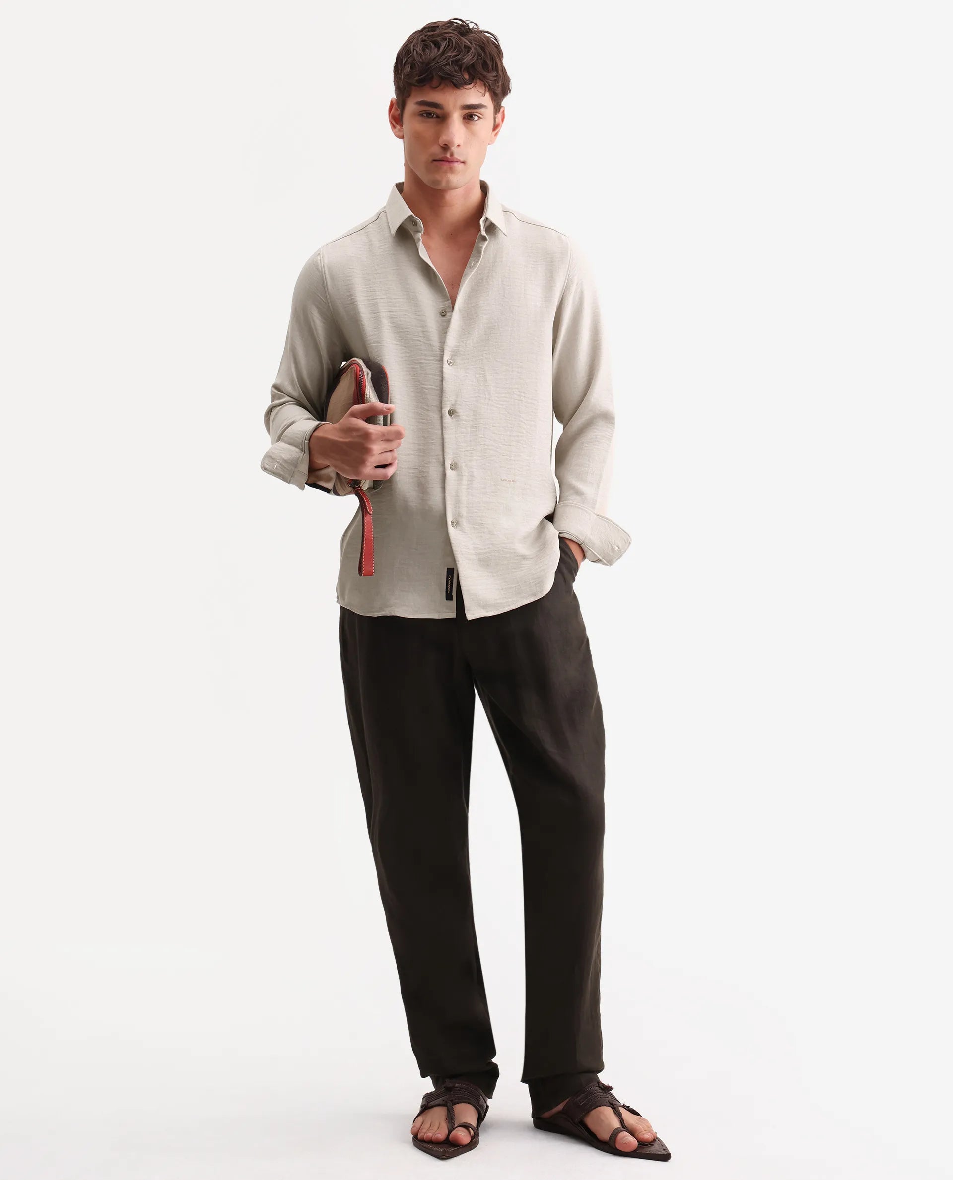 Rare Rabbit Men's Lucis Grey 100% Linen Plain Regular Fit Full Sleeve Collared Shirt