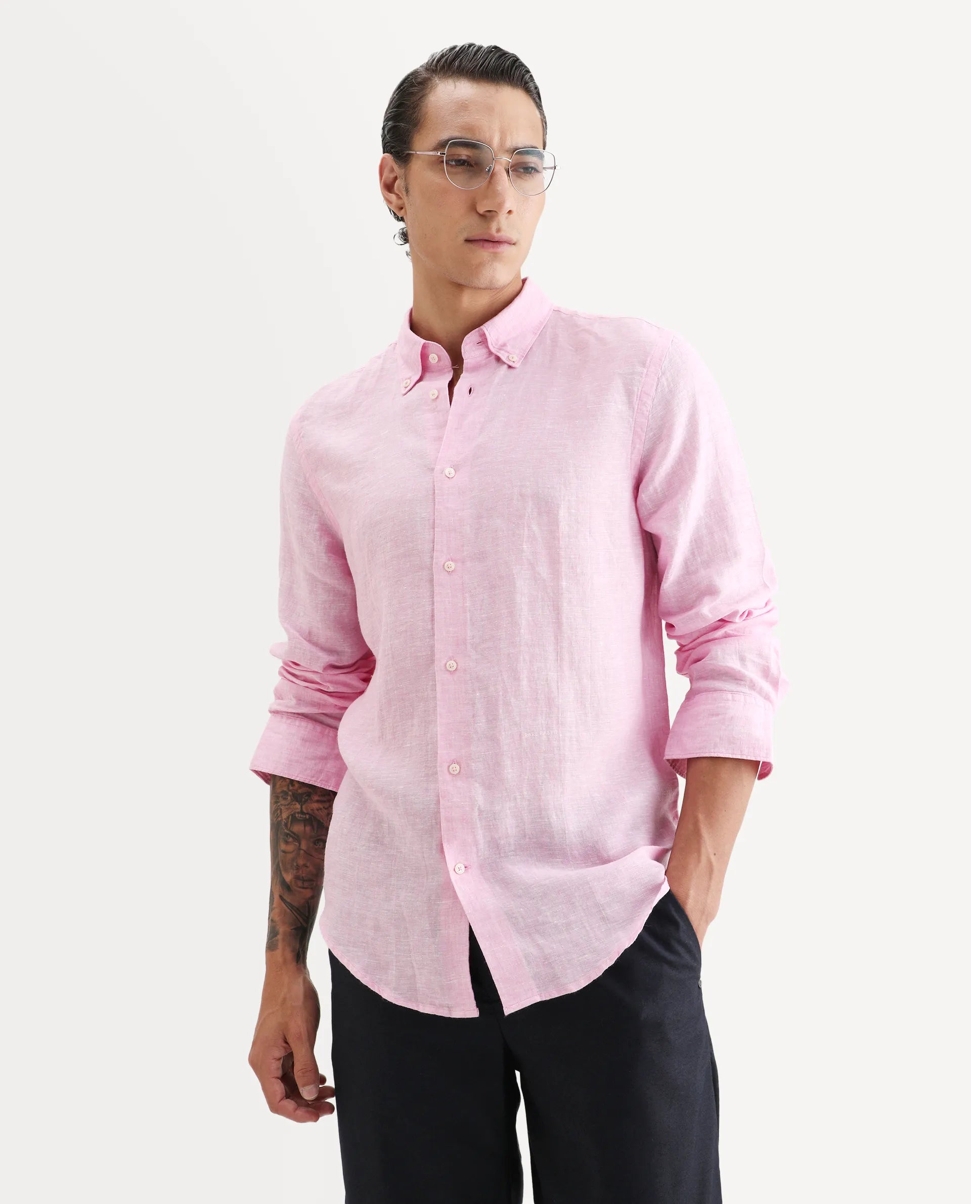 Rare Rabbit Men's Lucis Pink 100% Linen Plain Regular Fit Full Sleeve Collared Shirt