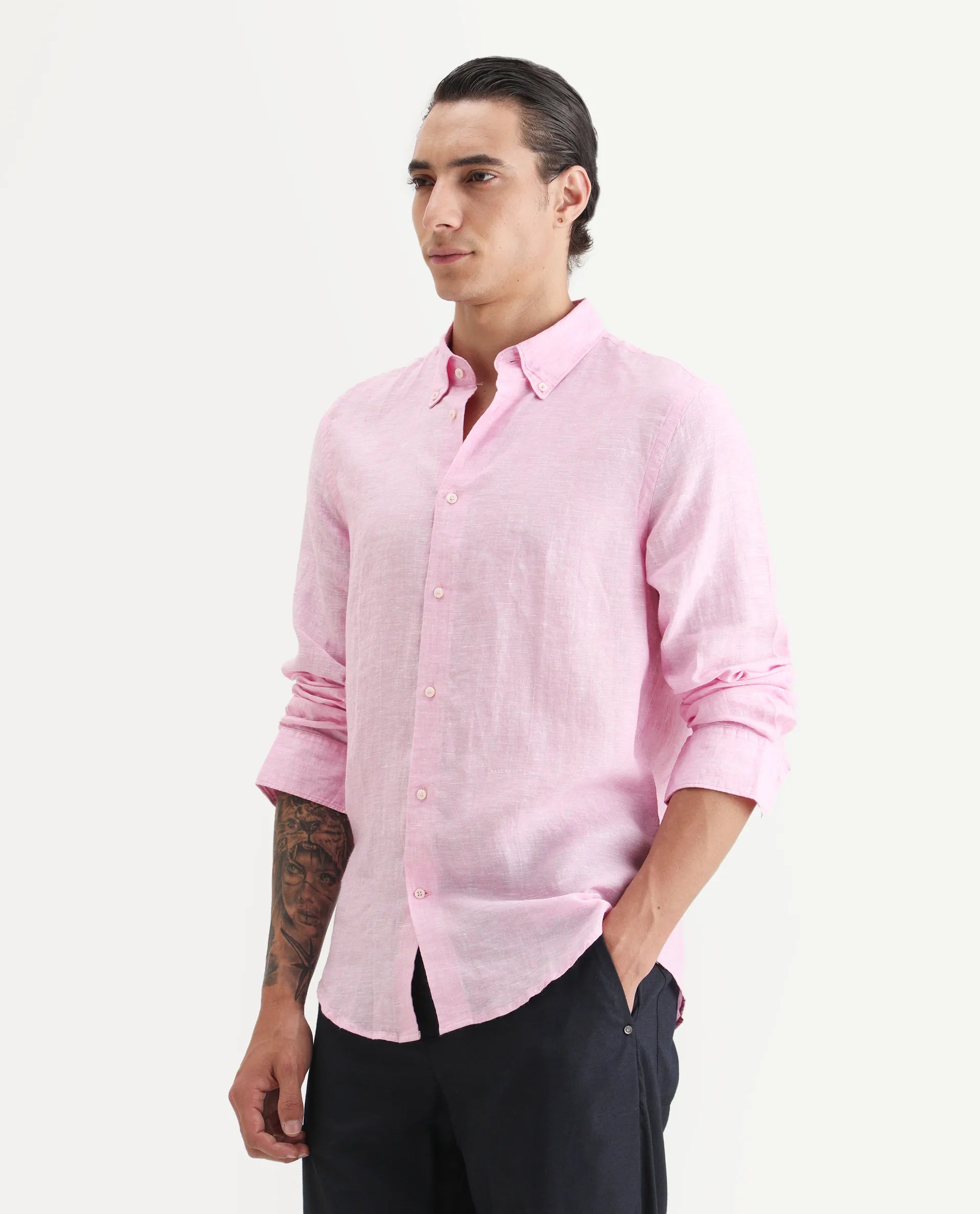 Rare Rabbit Men's Lucis Pink 100% Linen Plain Regular Fit Full Sleeve Collared Shirt