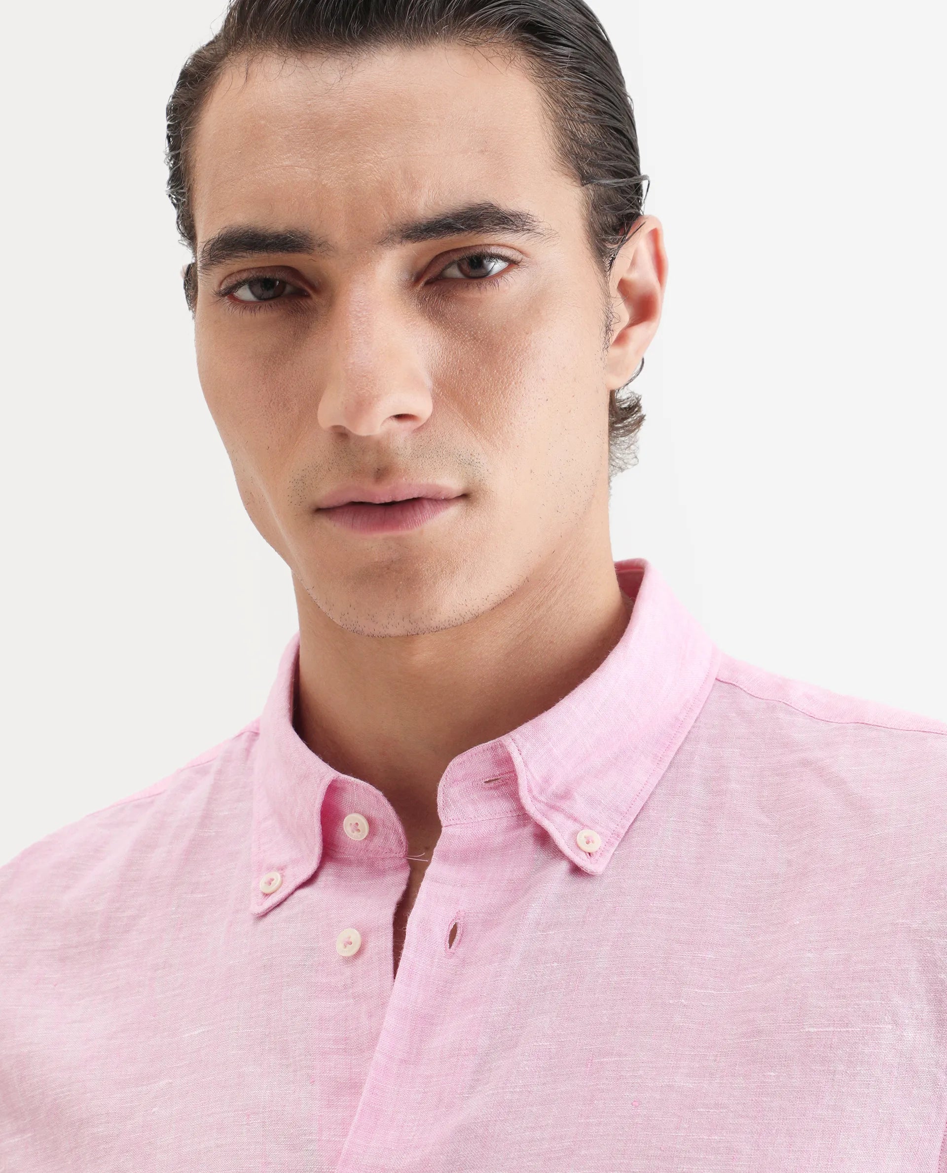 Rare Rabbit Men's Lucis Pink 100% Linen Plain Regular Fit Full Sleeve Collared Shirt