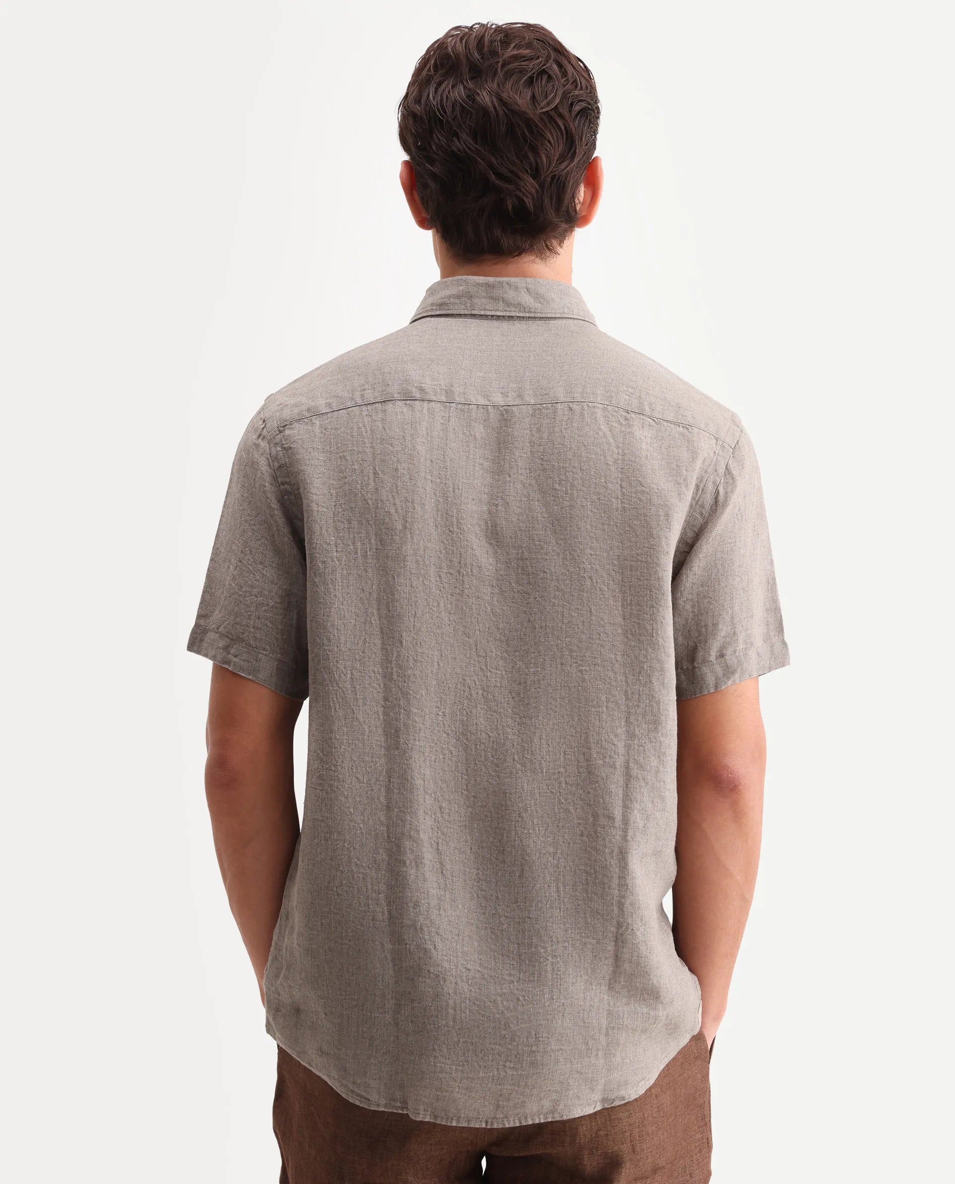 Rare Rabbit Men's Brisbane Ss Brown 100% Linen Plain Regular Fit Half Sleeve Collared Shirt