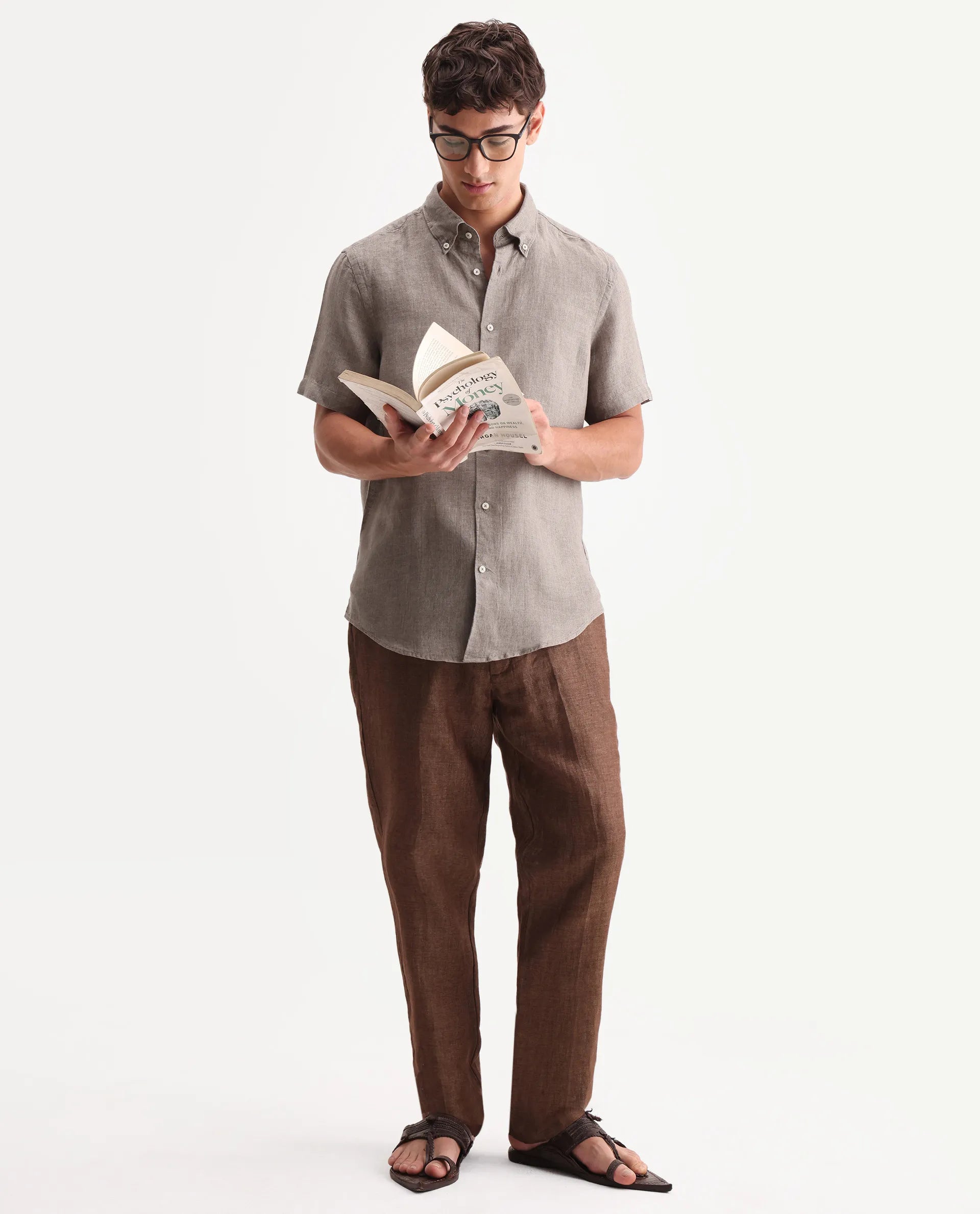 Rare Rabbit Men's Brisbane Ss Brown 100% Linen Plain Regular Fit Half Sleeve Collared Shirt