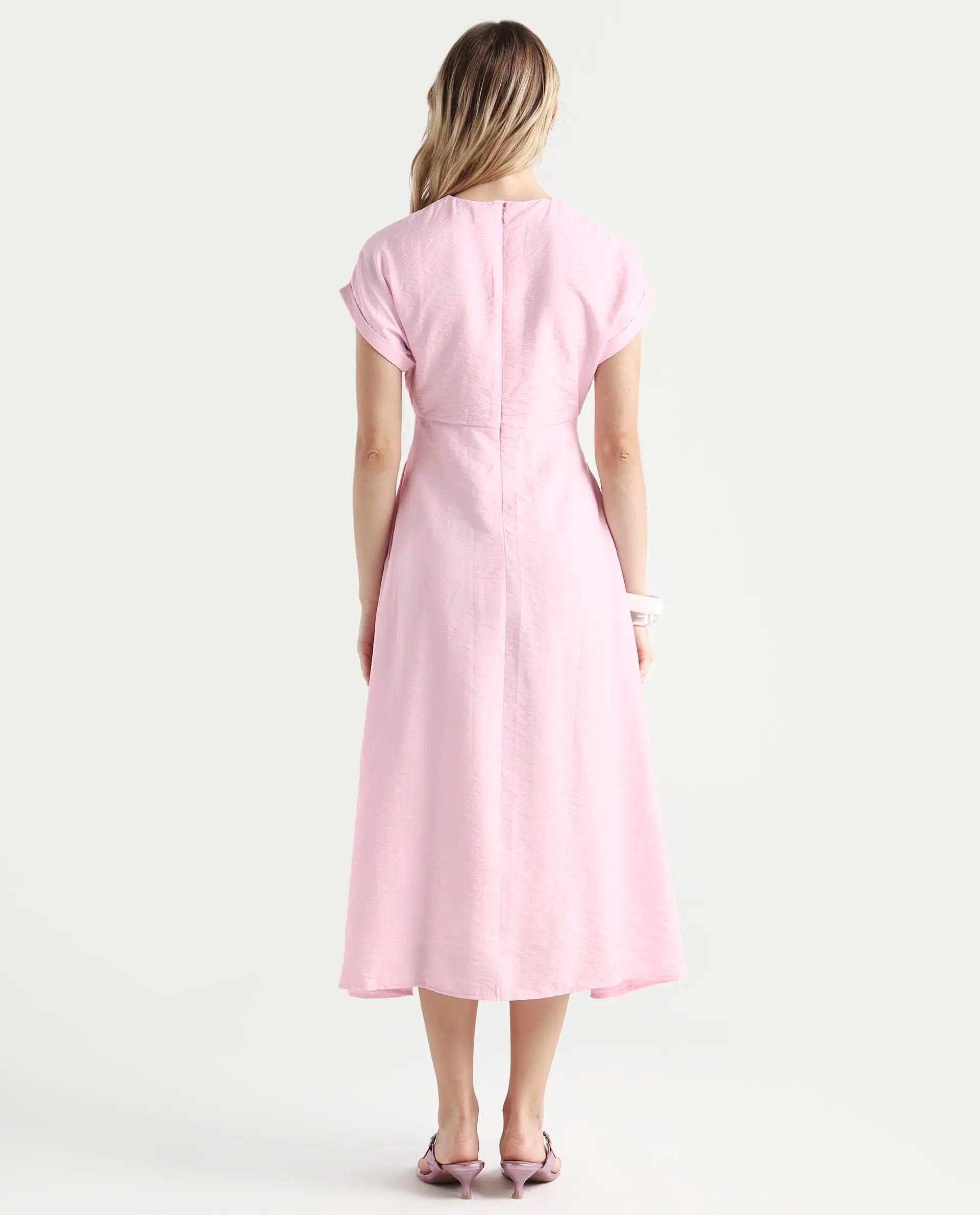 Rareism Women's Jahum Pastel Pink Viscose Blend Extended Sleeves V-Neck Flared Fit Plain Midi Dress