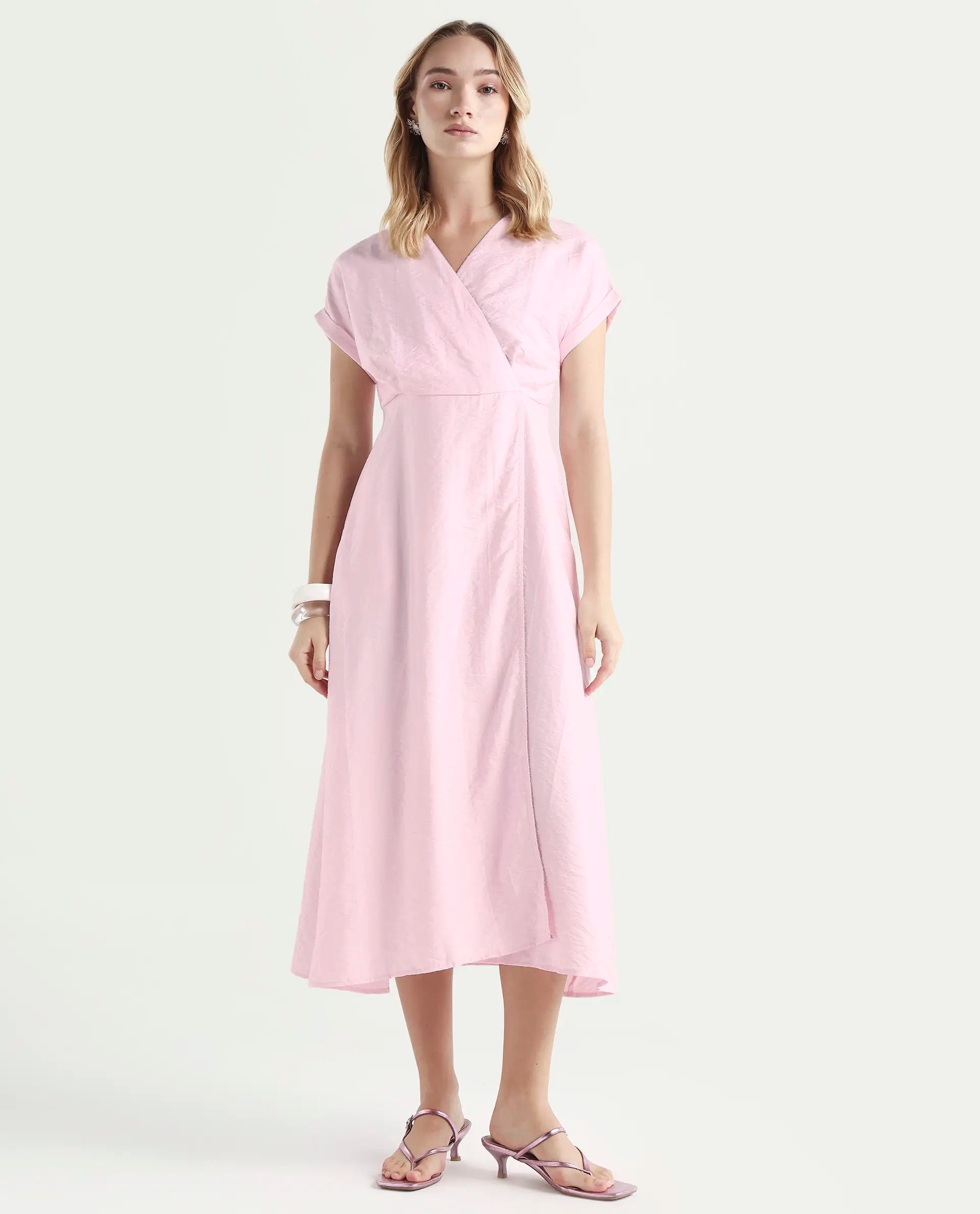 Rareism Women's Jahum Pastel Pink Viscose Blend Extended Sleeves V-Neck Flared Fit Plain Midi Dress