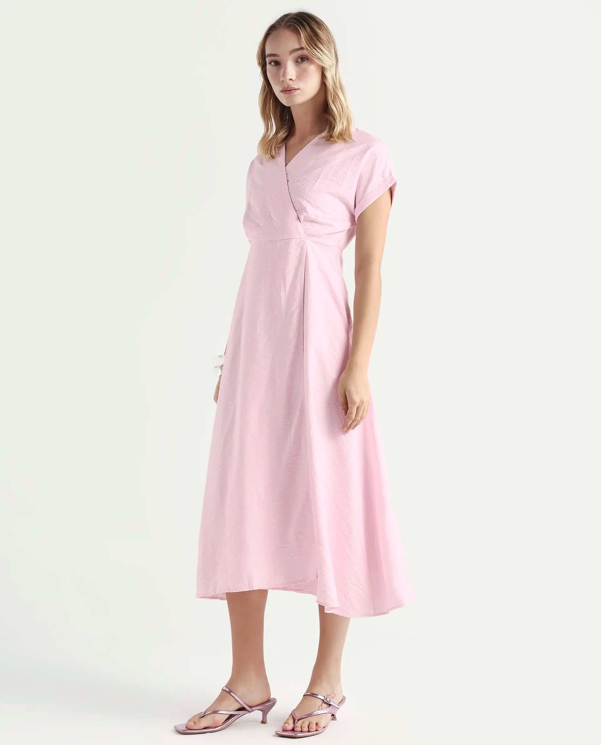 Rareism Women's Jahum Pastel Pink Viscose Blend Extended Sleeves V-Neck Flared Fit Plain Midi Dress