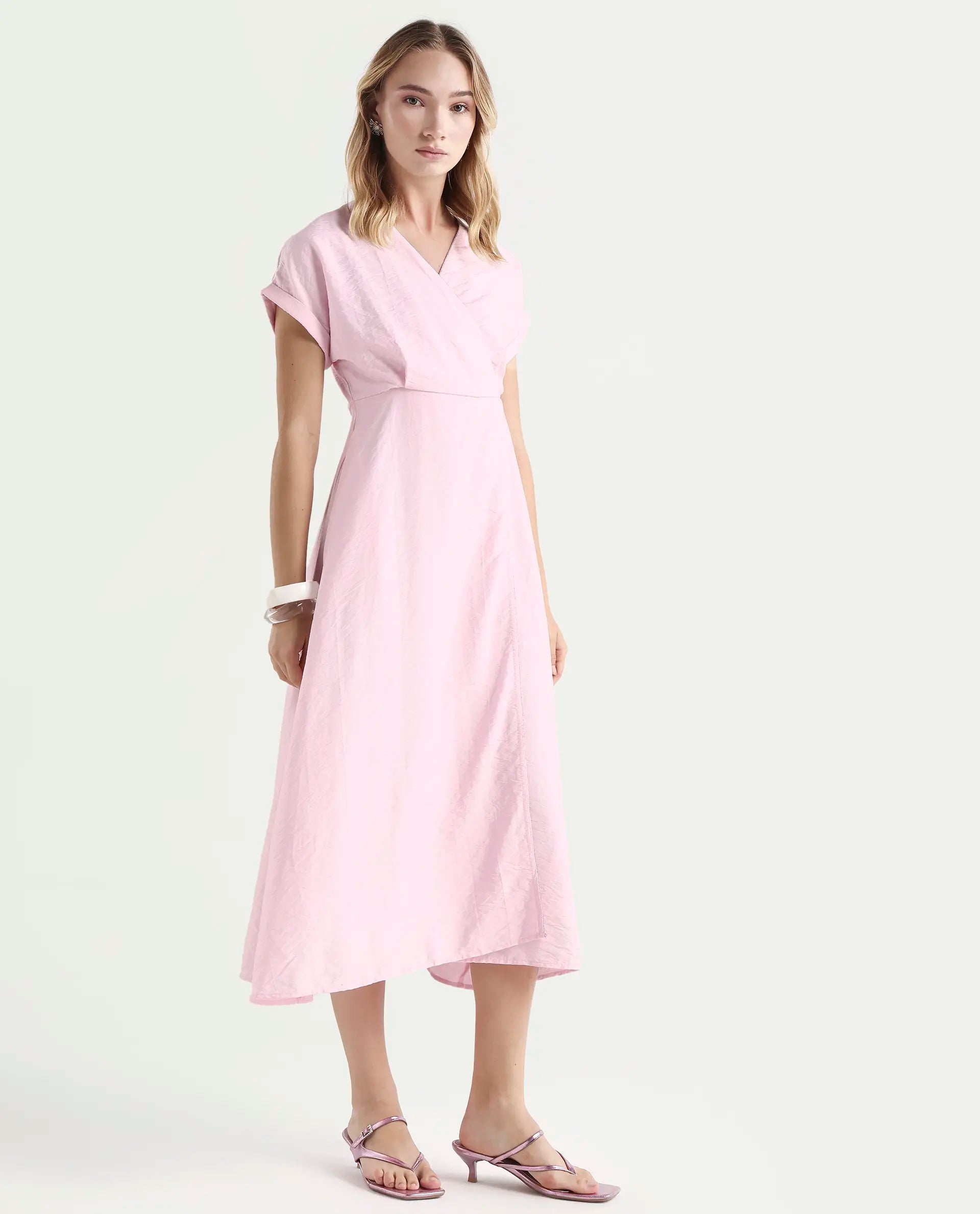 Rareism Women's Jahum Pastel Pink Viscose Blend Extended Sleeves V-Neck Flared Fit Plain Midi Dress