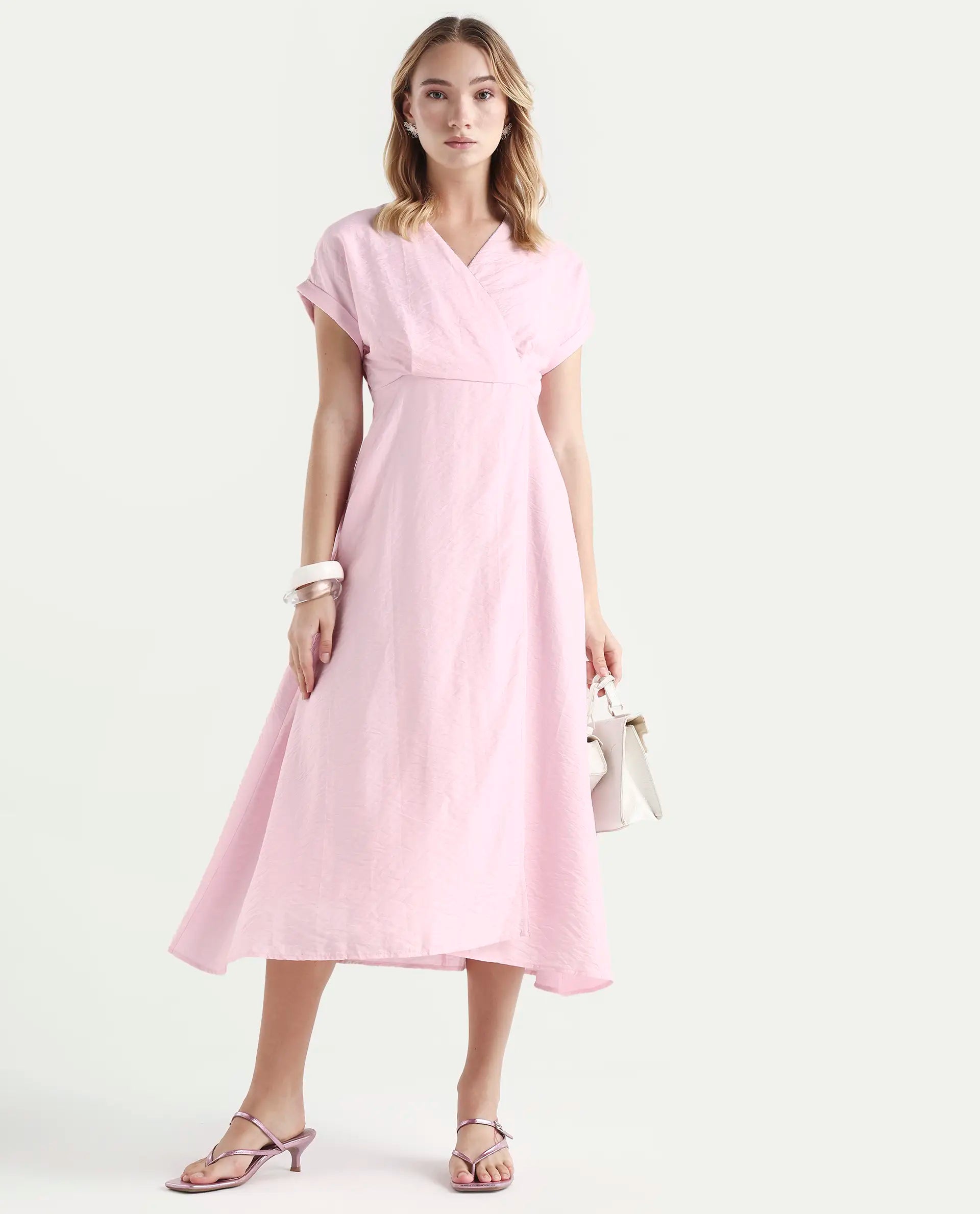 Rareism Women's Jahum Pastel Pink Viscose Blend Extended Sleeves V-Neck Flared Fit Plain Midi Dress