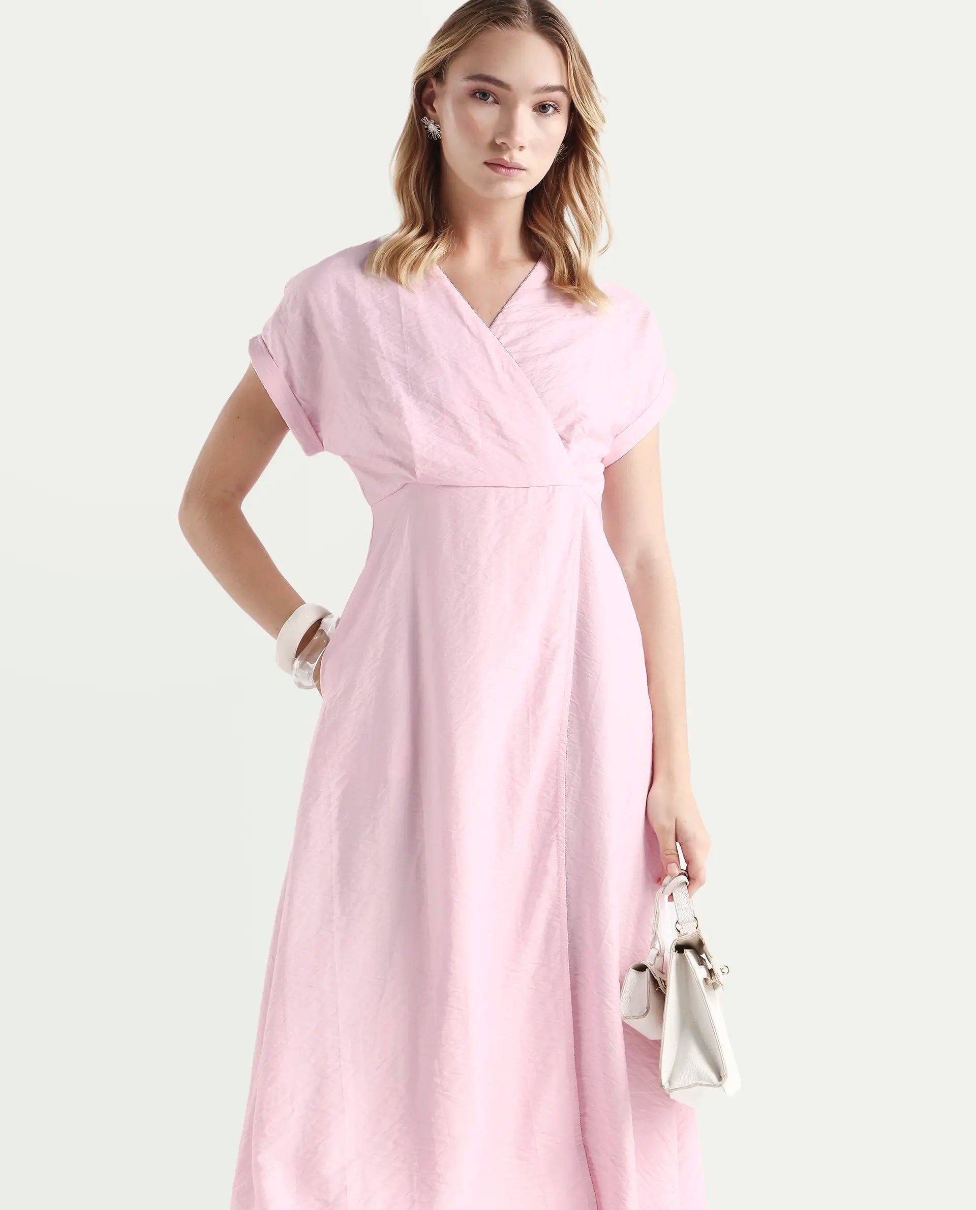 Rareism Women's Jahum Pastel Pink Viscose Blend Extended Sleeves V-Neck Flared Fit Plain Midi Dress