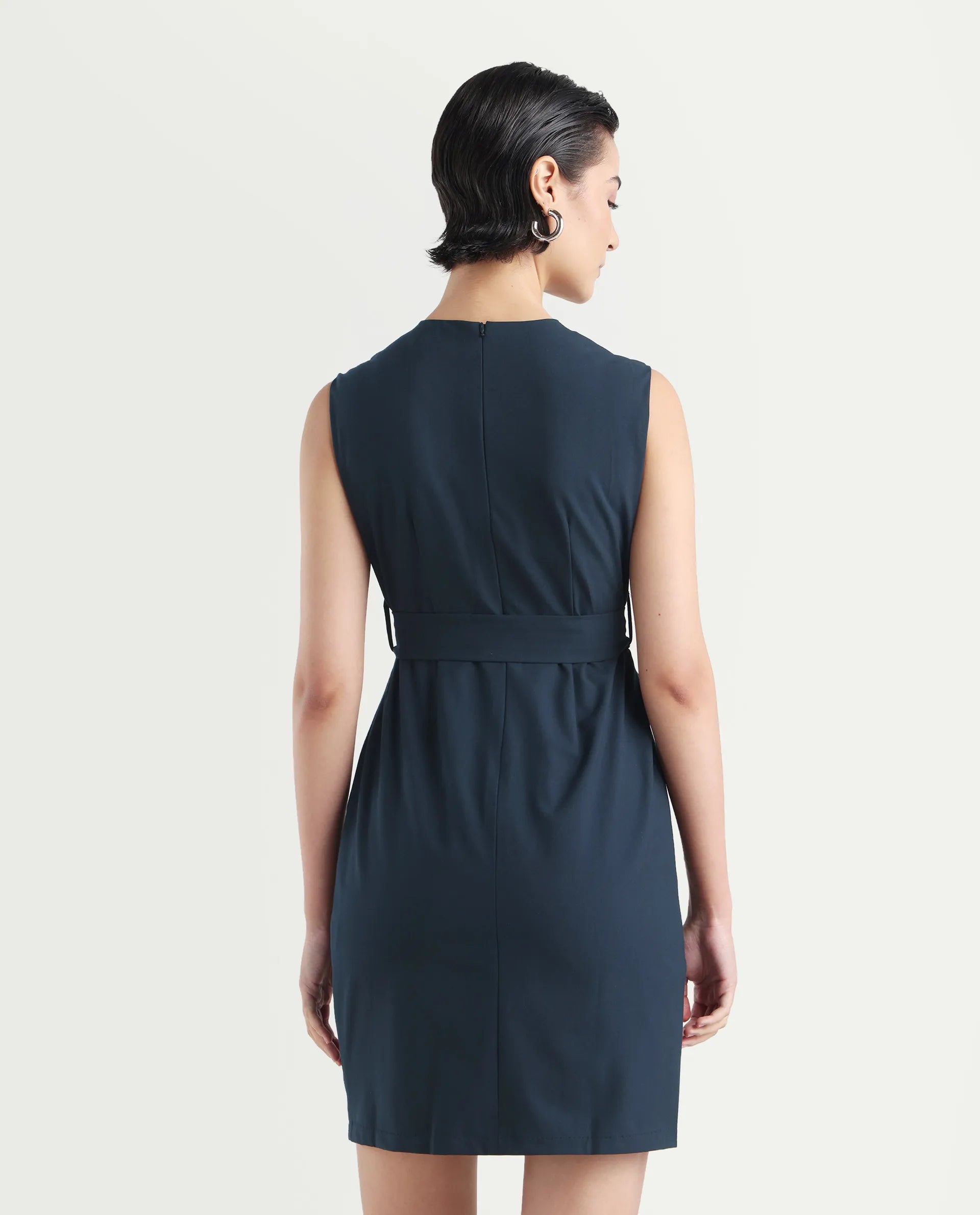 Rareism Women's Jiky Navy Cotton Blend Sleeveless Round Neck Fitted Fit Plain Dress