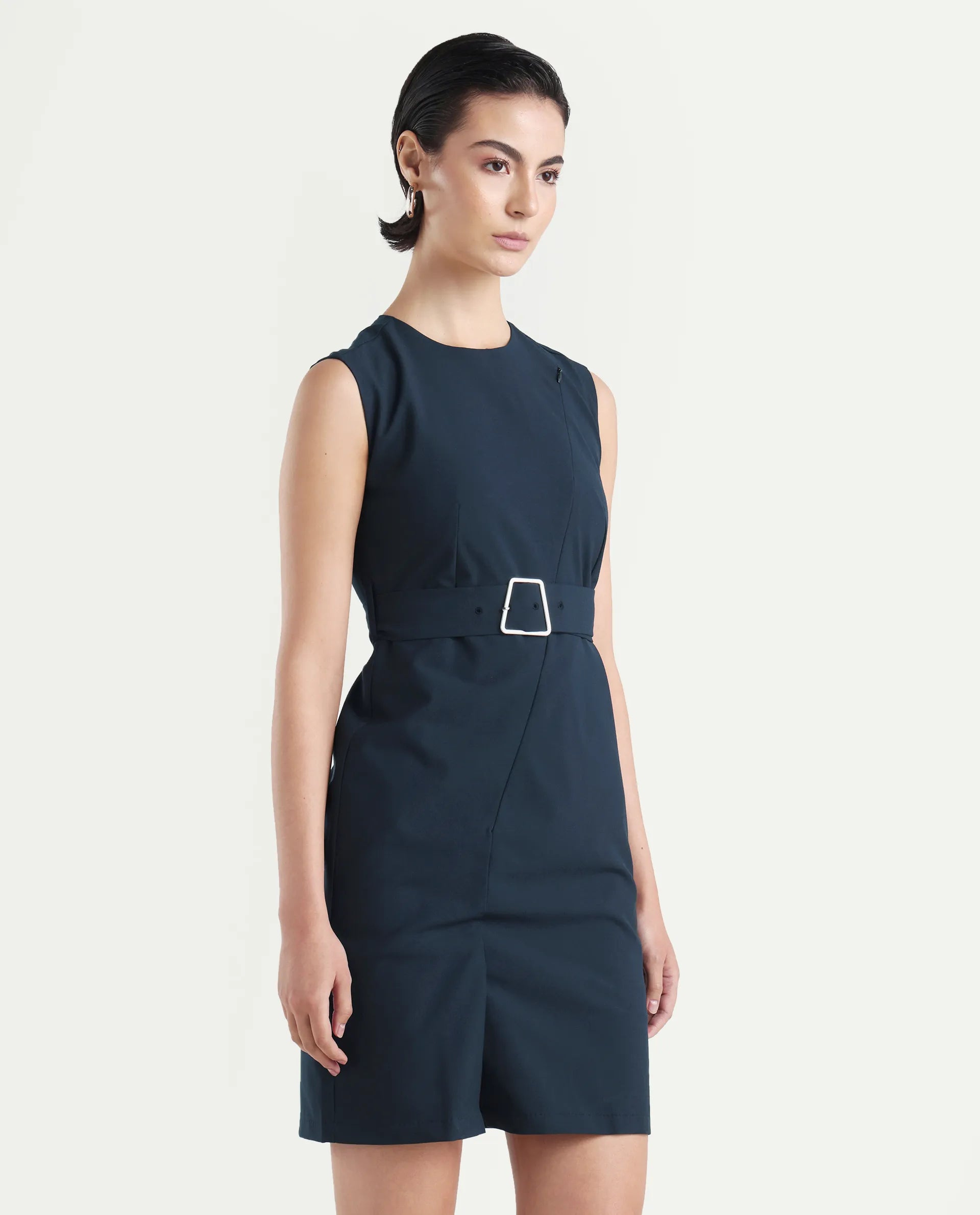 Rareism Women's Jiky Navy Cotton Blend Sleeveless Round Neck Fitted Fit Plain Dress