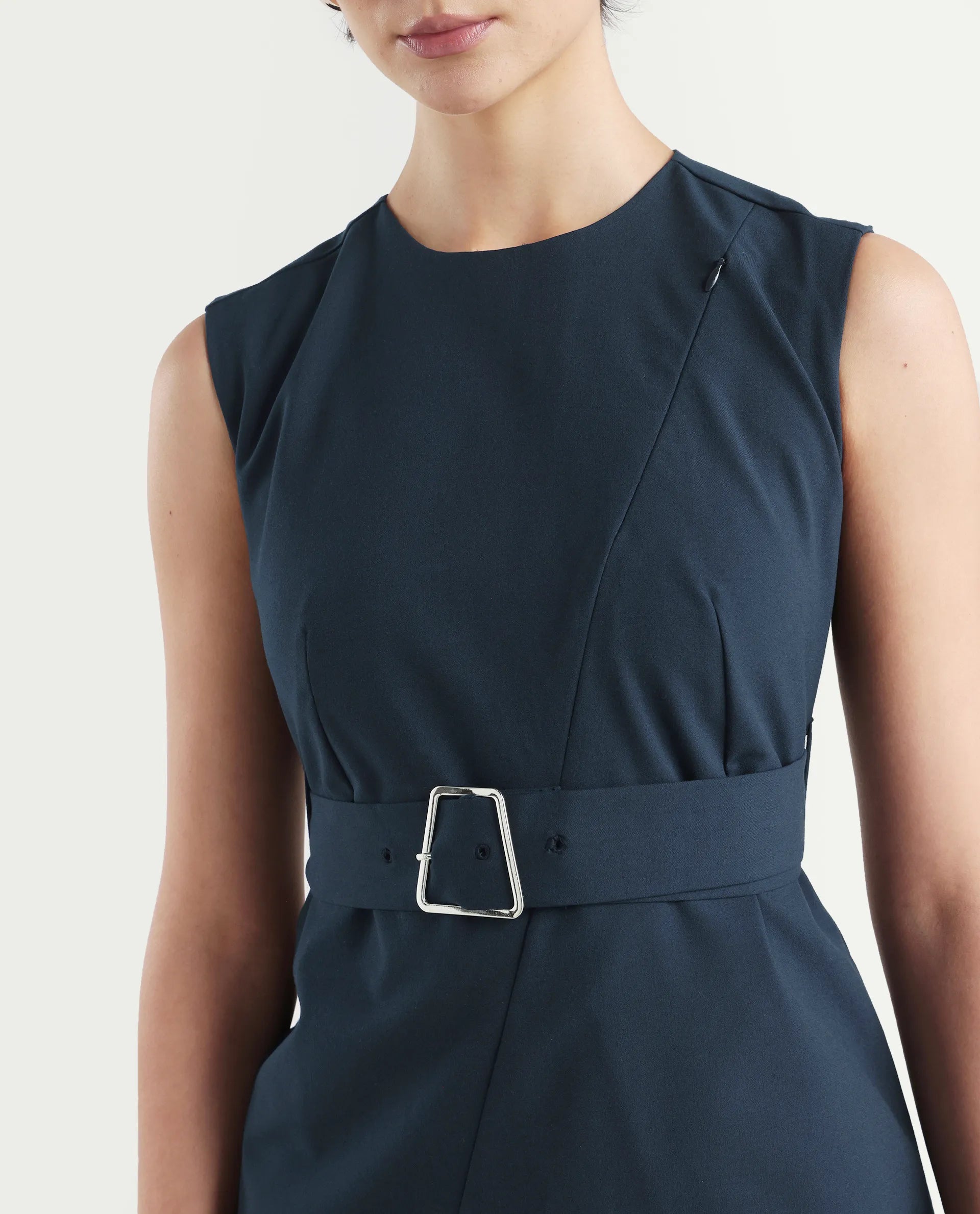 Rareism Women's Jiky Navy Cotton Blend Sleeveless Round Neck Fitted Fit Plain Dress