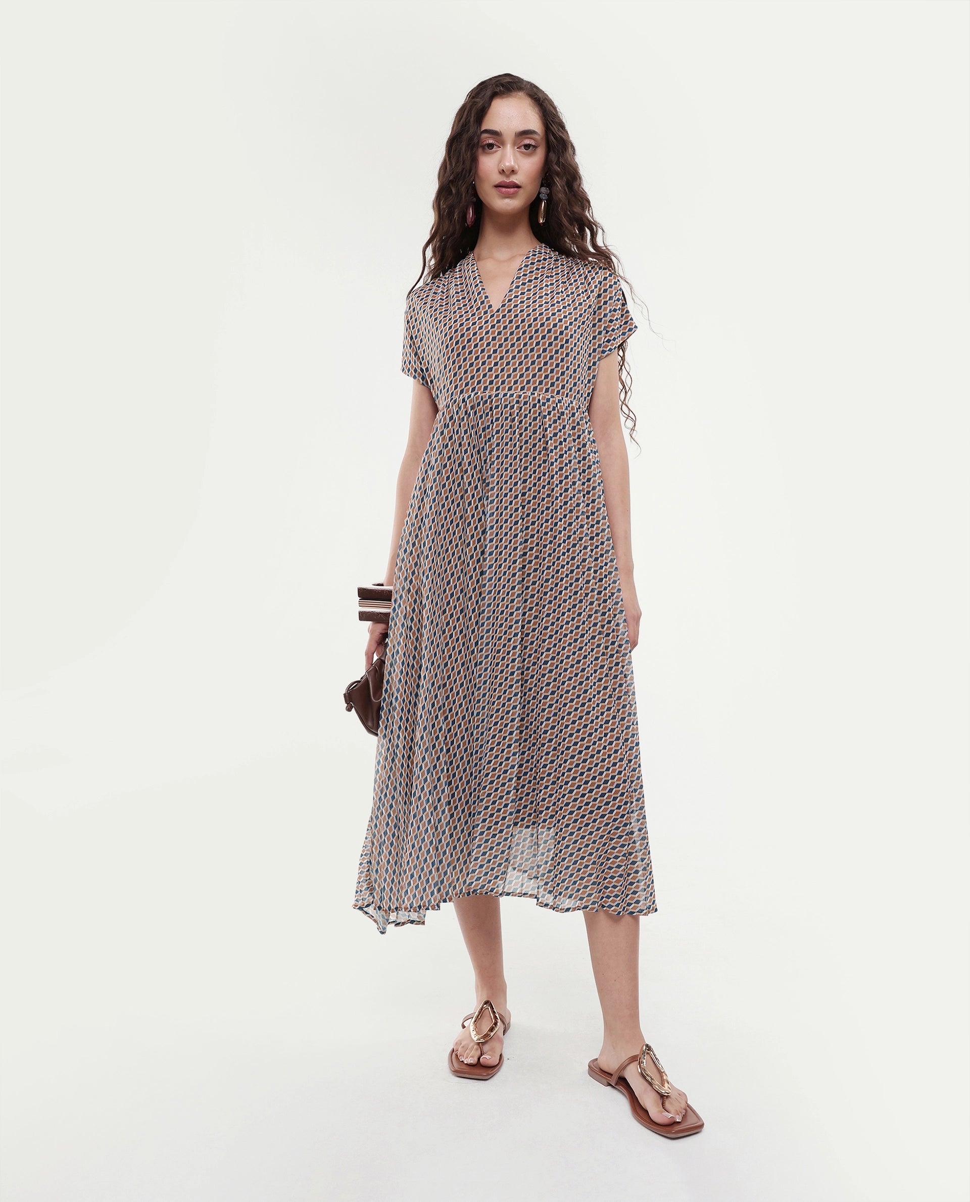 Rareism Women's Jurem Multi Polyester V-Neck Fit And Flare Printed Dress