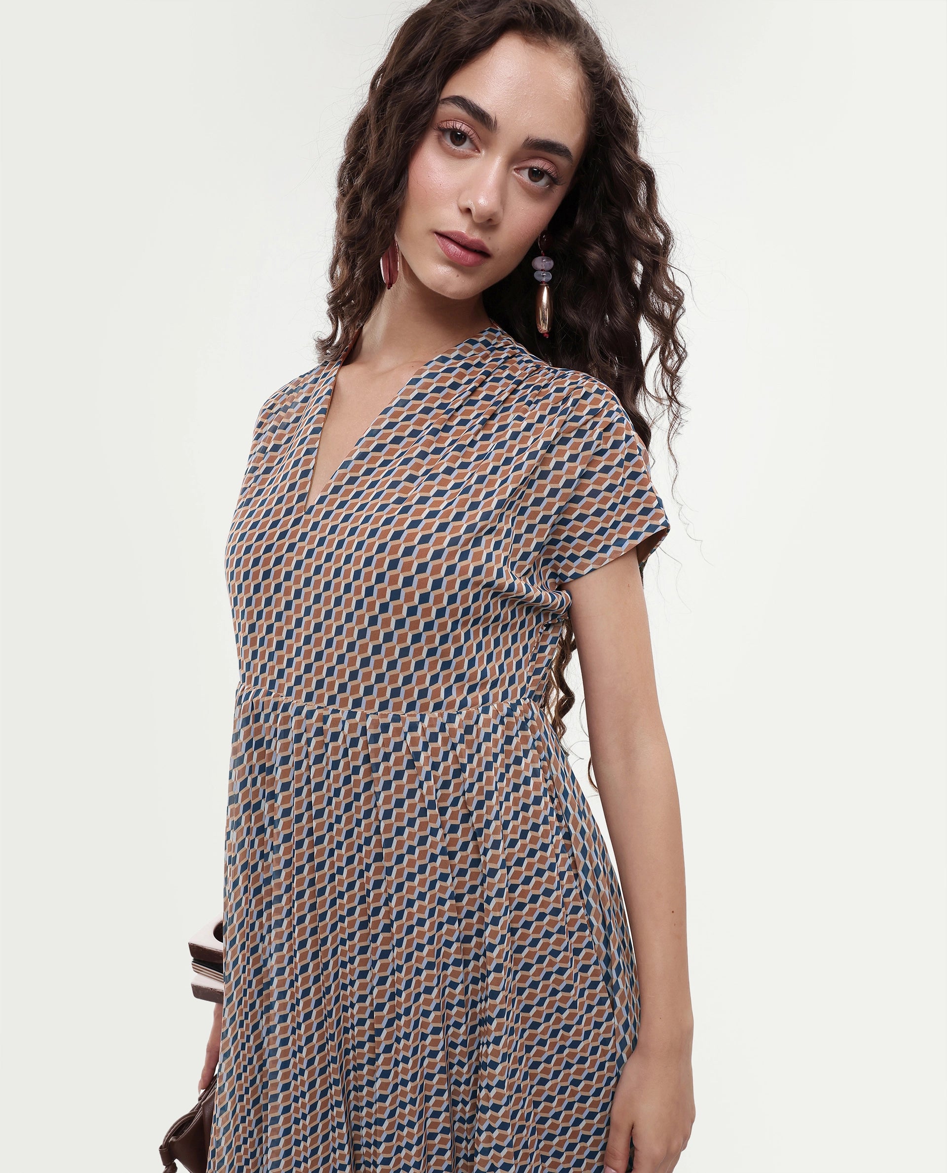 Rareism Women's Jurem Multi Polyester V-Neck Fit And Flare Printed Dress