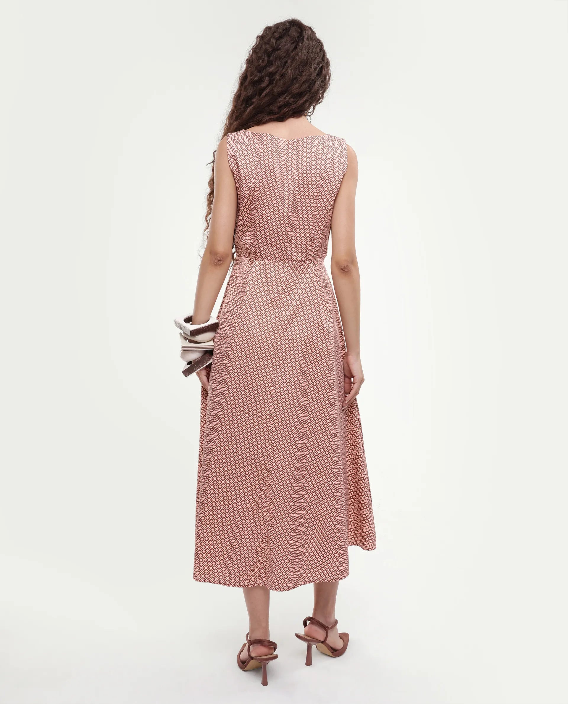 Rareism Women's Jexor Pink Cotton Boat Neck A-Line Printed Midi Dress