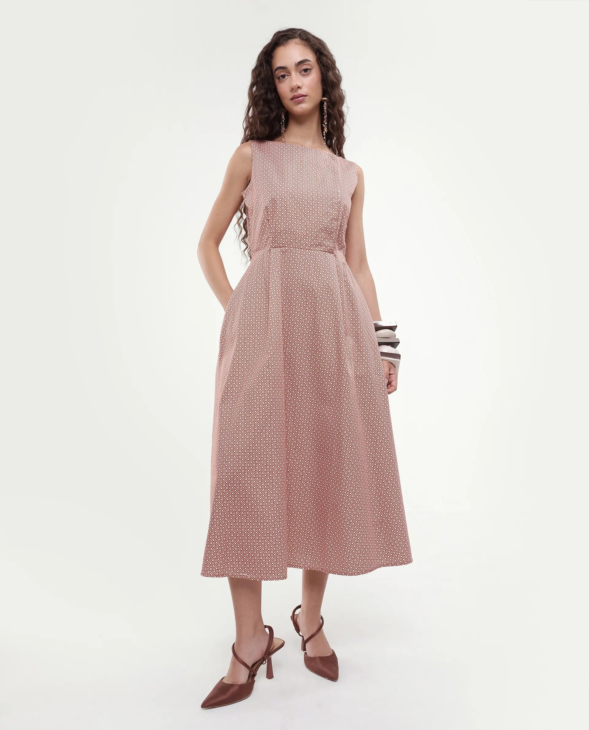 Rareism Women's Jexor Pink Cotton Boat Neck A-Line Printed Midi Dress
