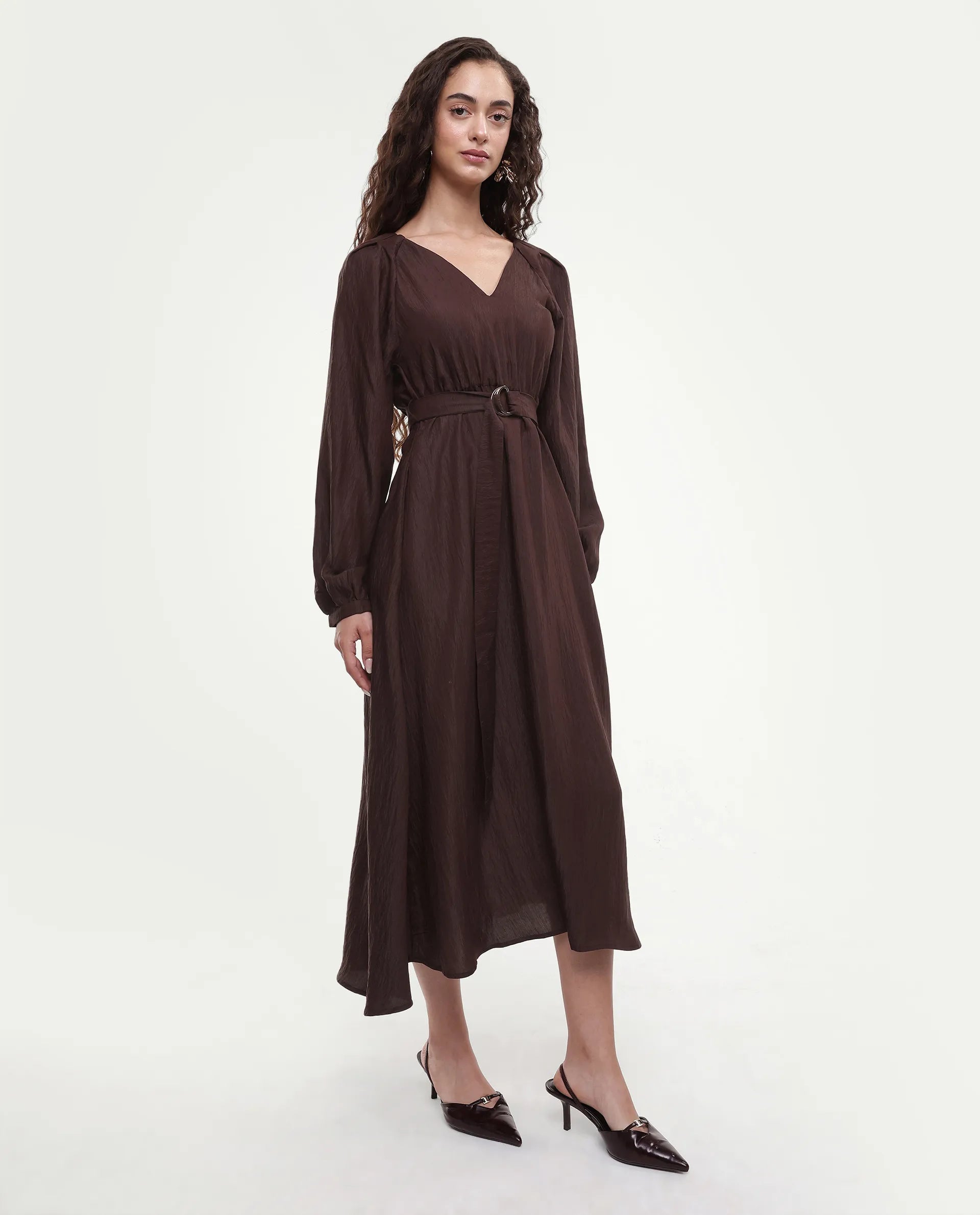 Rareism Women's Jumi Dark Brown Viscose Blend Raglan Sleeves V-Neck Flared Fit Plain Dress