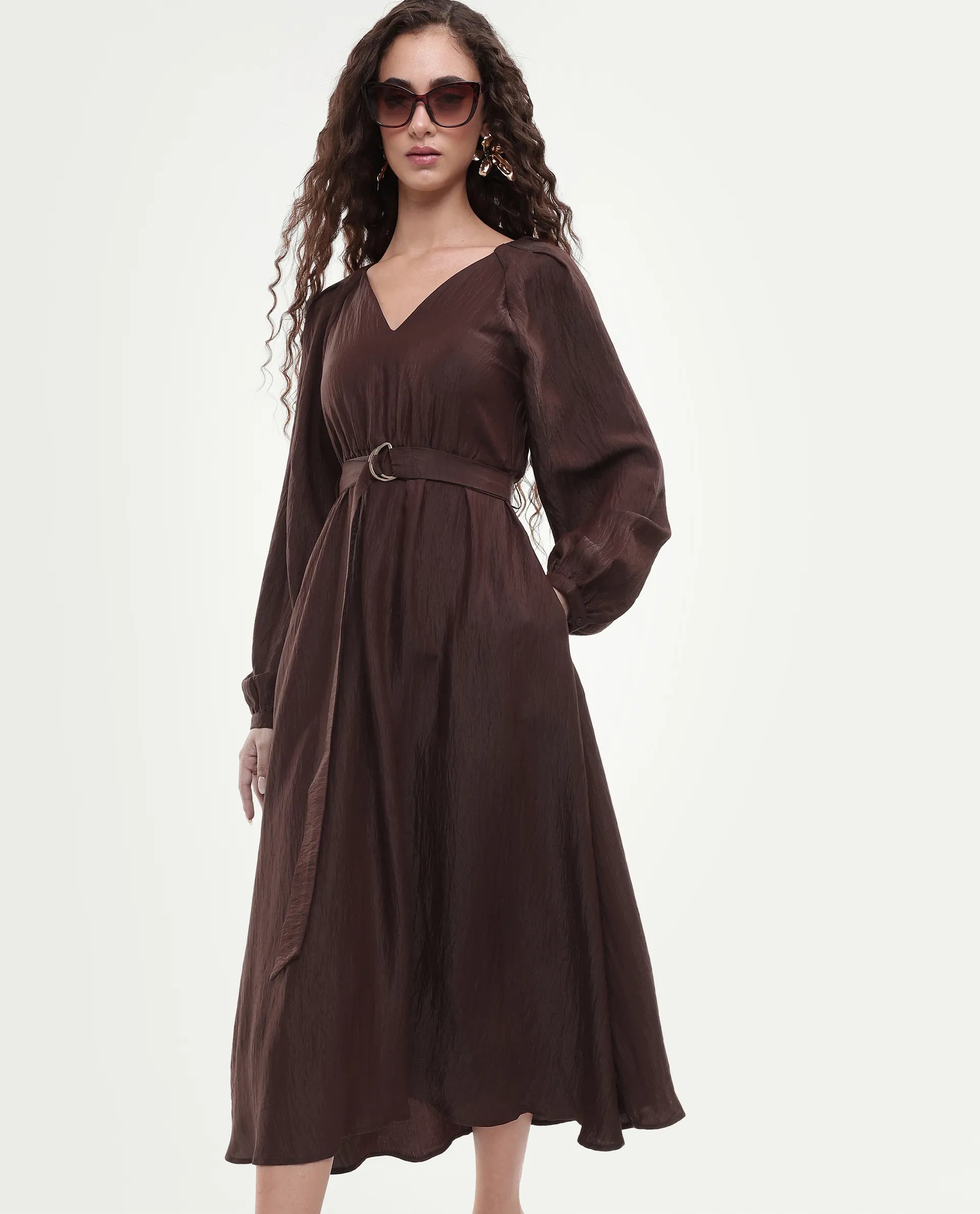 Rareism Women's Jumi Dark Brown Viscose Blend Raglan Sleeves V-Neck Flared Fit Plain Dress
