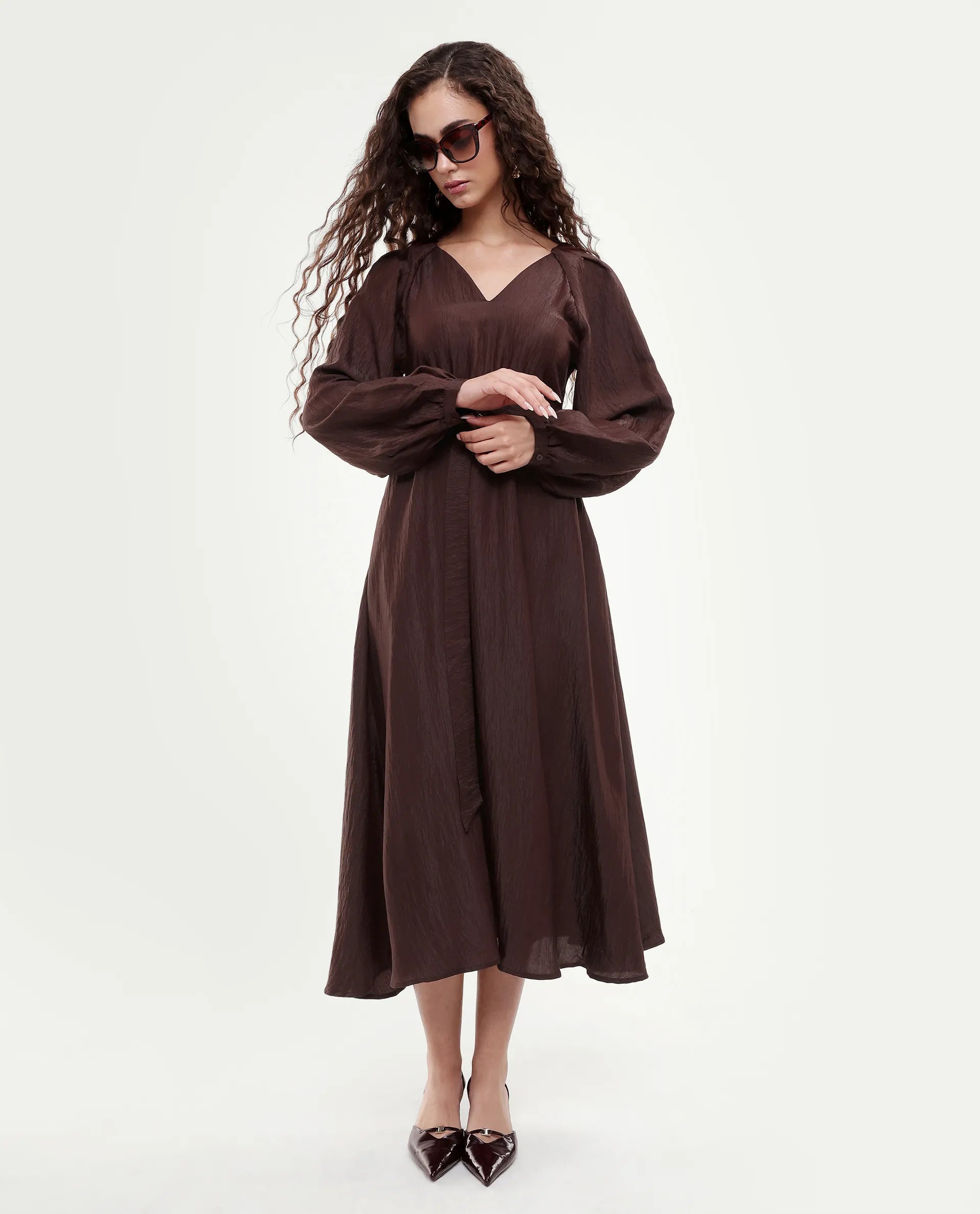 Rareism Women's Jumi Dark Brown Viscose Blend Raglan Sleeves V-Neck Flared Fit Plain Dress