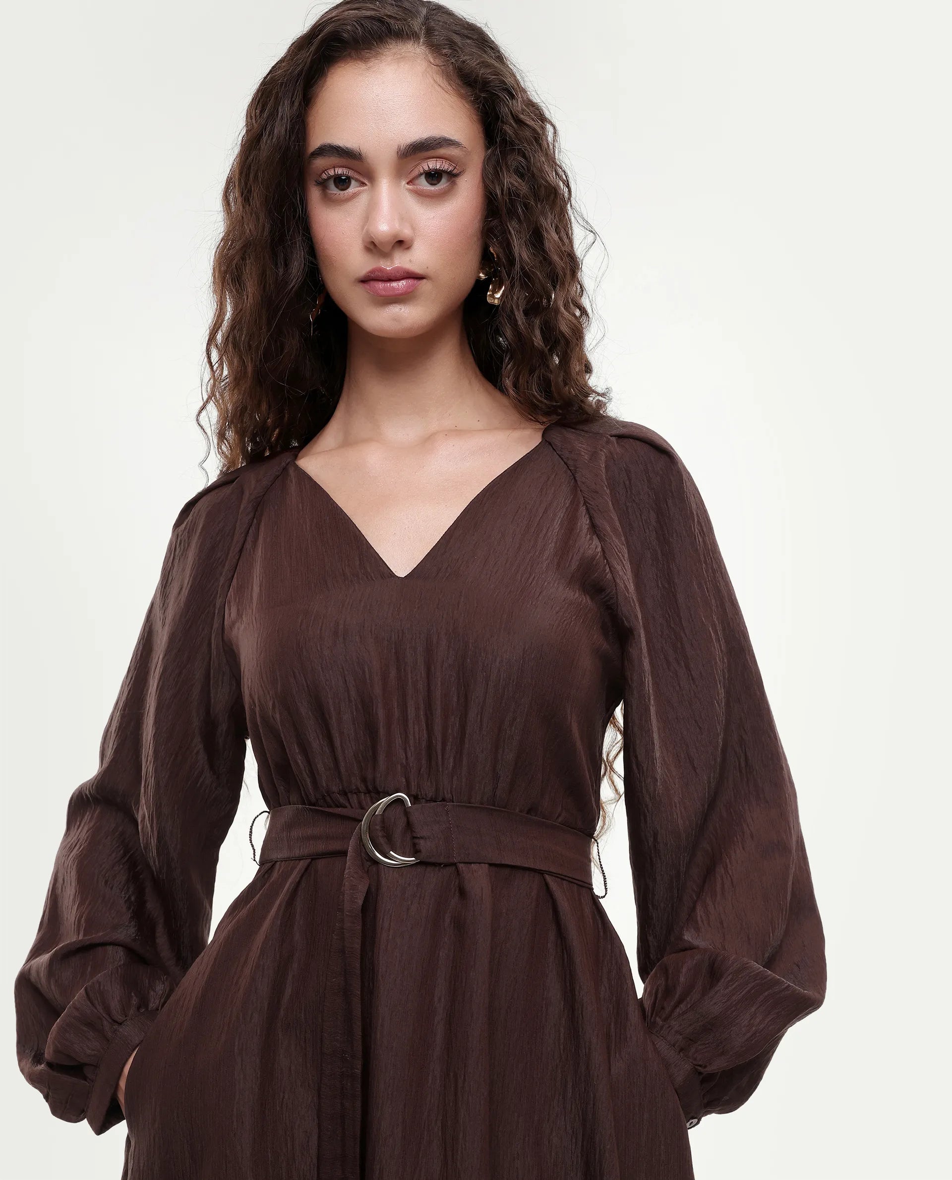 Rareism Women's Jumi Dark Brown Viscose Blend Raglan Sleeves V-Neck Flared Fit Plain Dress