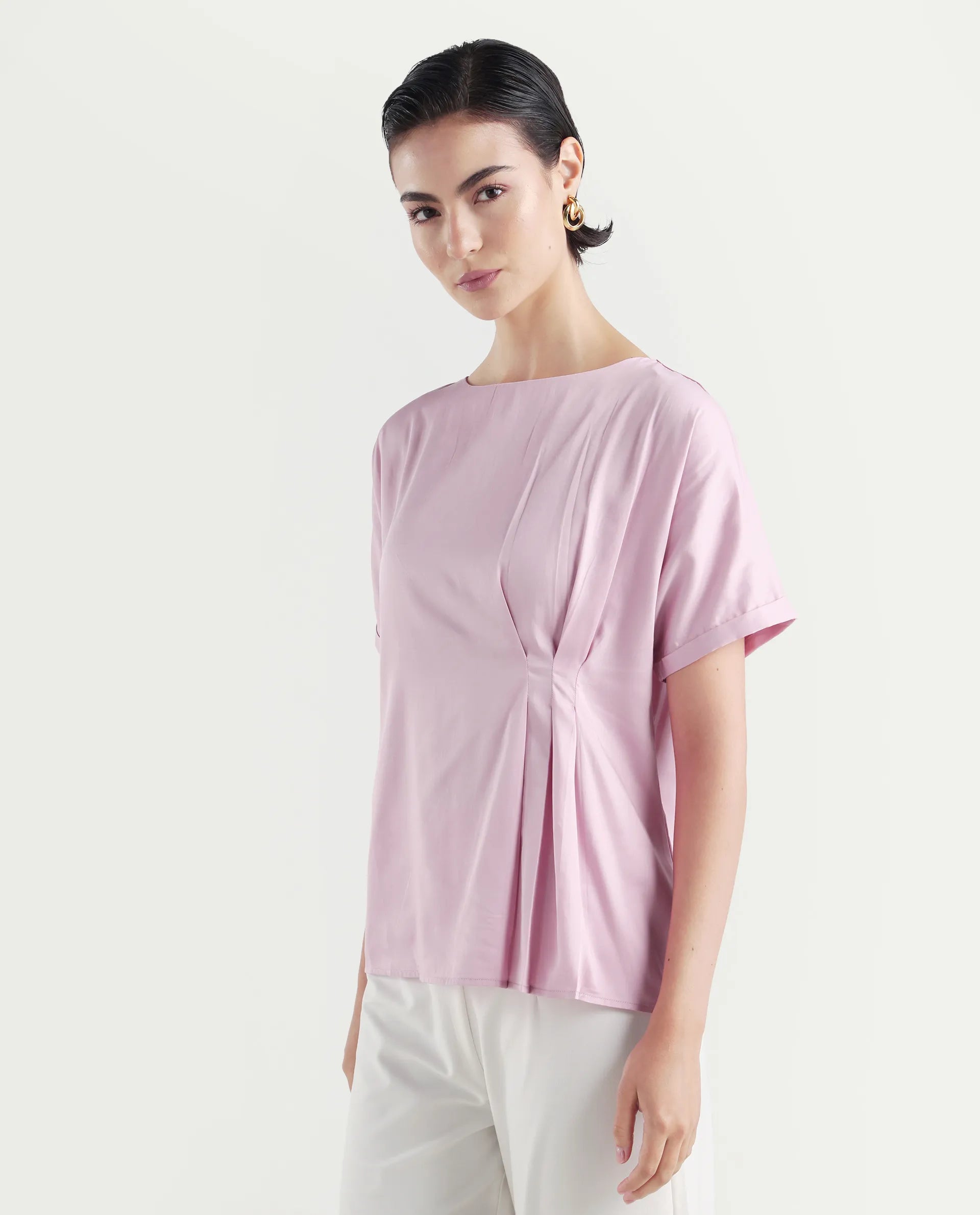 Rareism Women's Niyol Dusky Pink Cotton Blend Round Neck Regular Fit Plain Top
