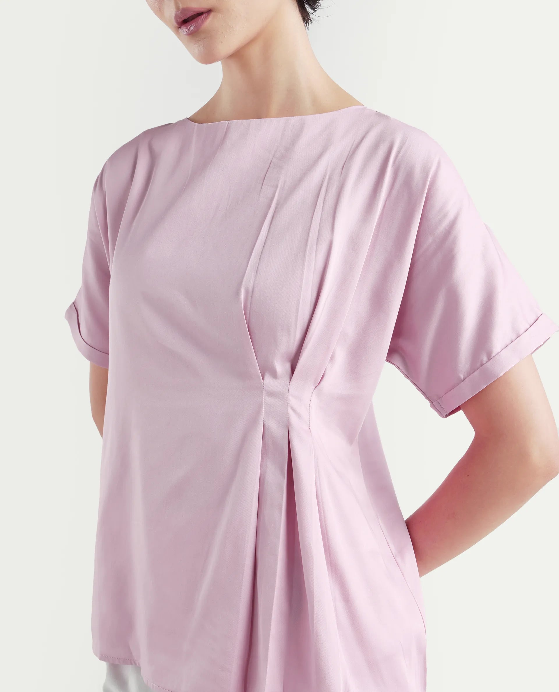 Rareism Women's Niyol Dusky Pink Cotton Blend Round Neck Regular Fit Plain Top