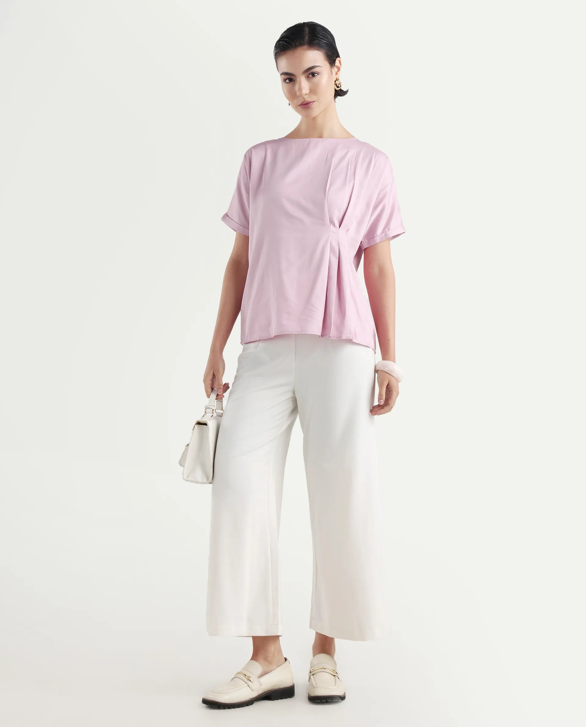 Rareism Women's Niyol Dusky Pink Cotton Blend Round Neck Regular Fit Plain Top