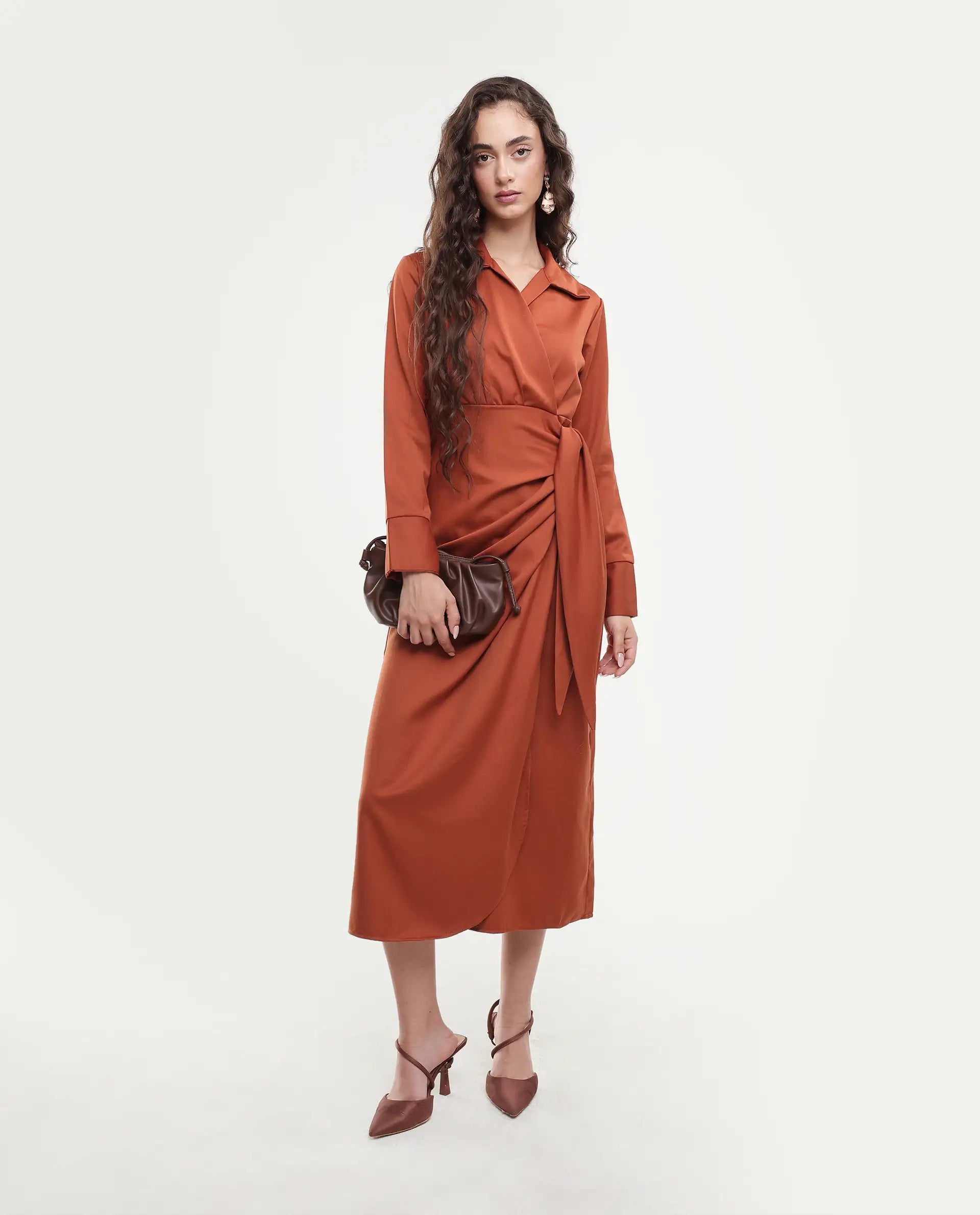 Rareism Women's Jenlin Rust Polyester Blend Full Sleeve Jonny Collar Straight Fit Dress