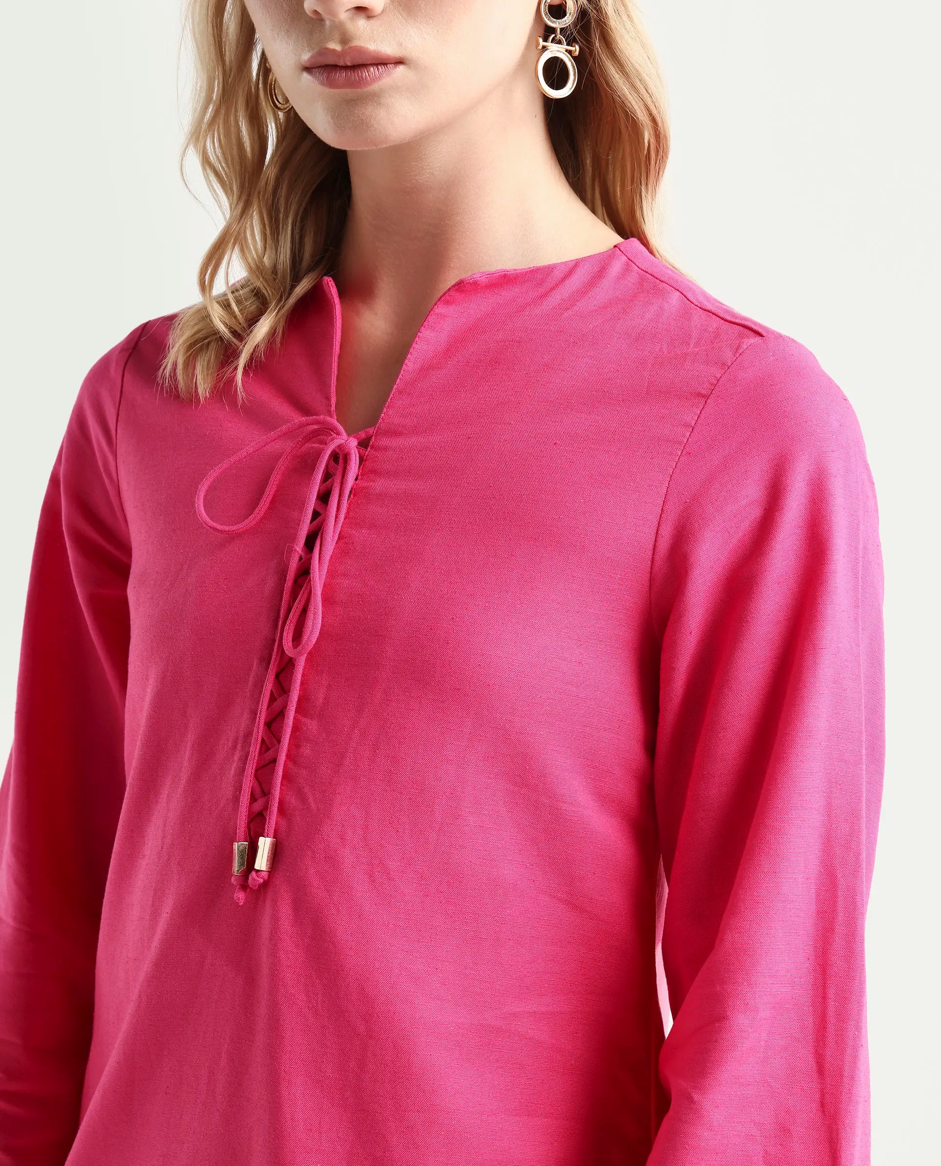 Rareism Women Nulan Pink Bishop Sleeve Tie-Up Neck Plain Top