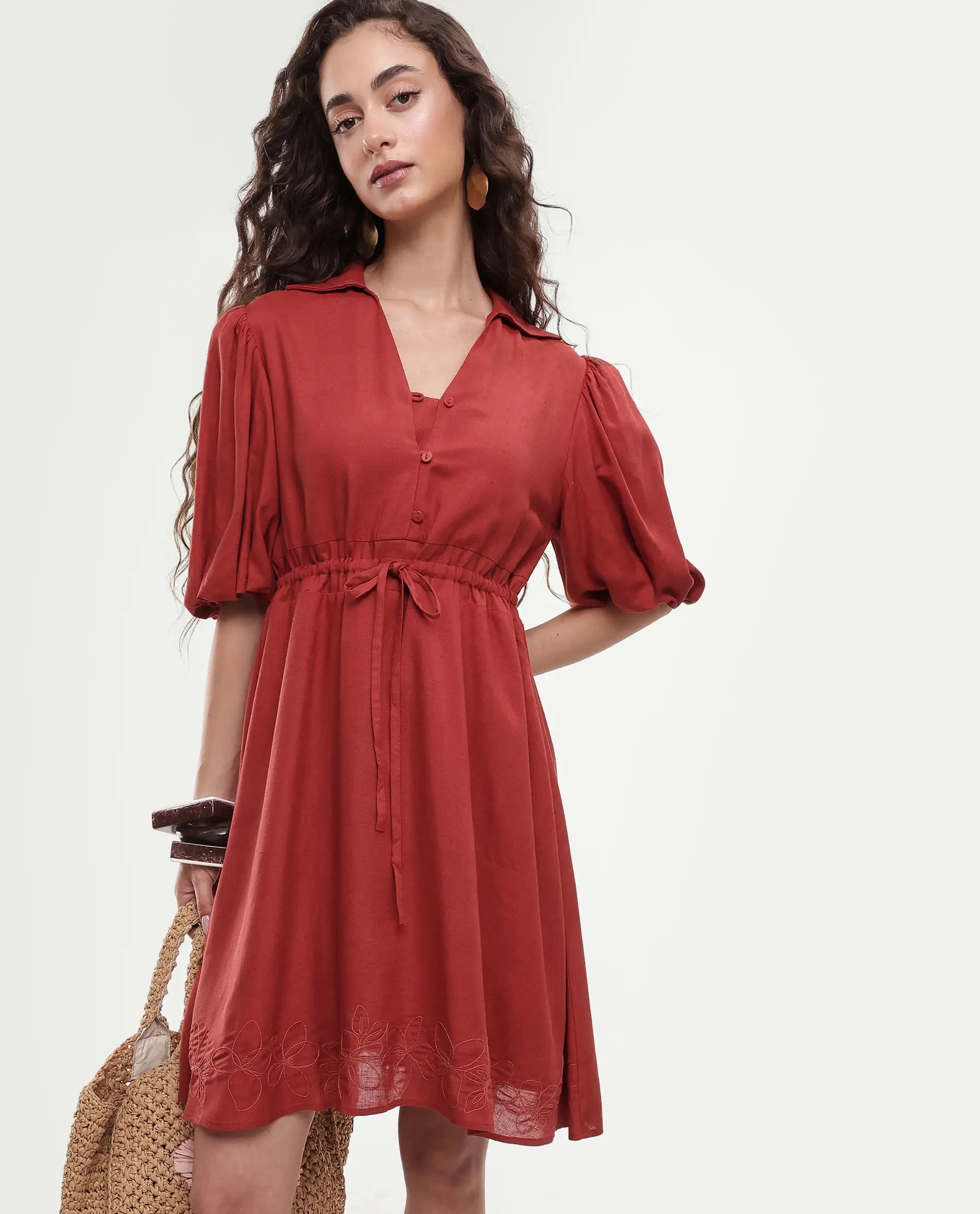 Rareism Women's Juvix Rust Viscose Blend Jonny Collar Fit And Flare Plain Dress
