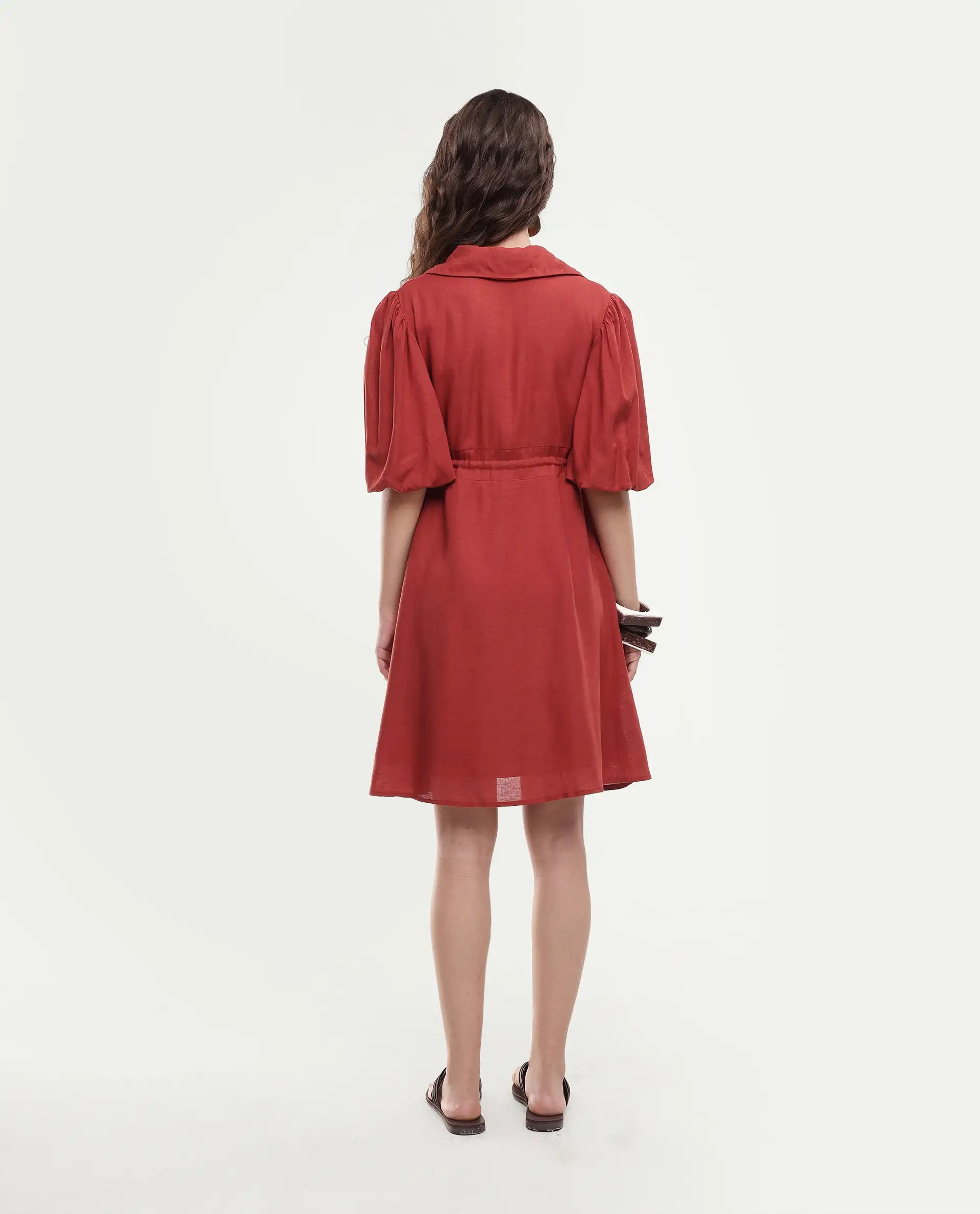 Rareism Women's Juvix Rust Viscose Blend Jonny Collar Fit And Flare Plain Dress