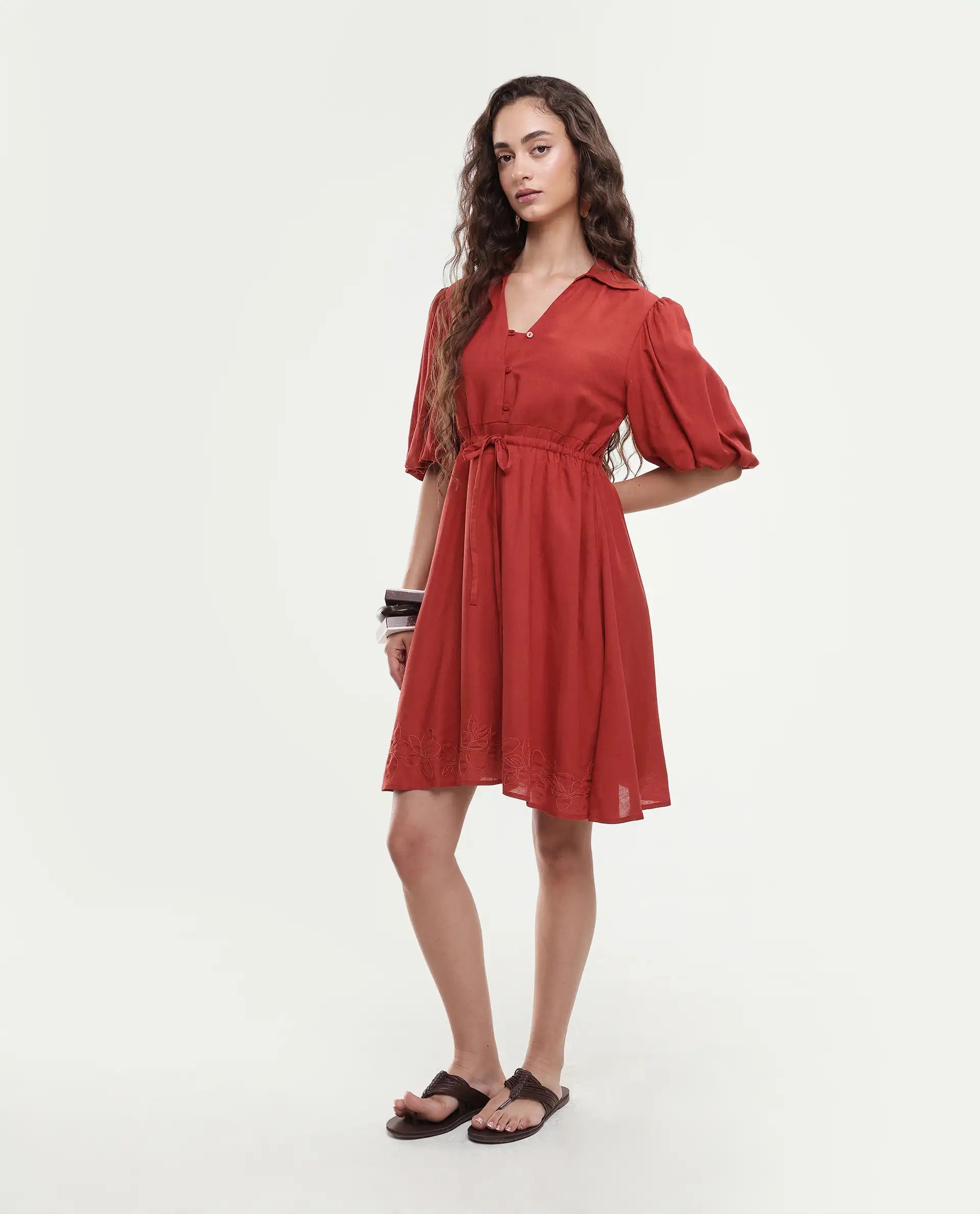Rareism Women's Juvix Rust Viscose Blend Jonny Collar Fit And Flare Plain Dress