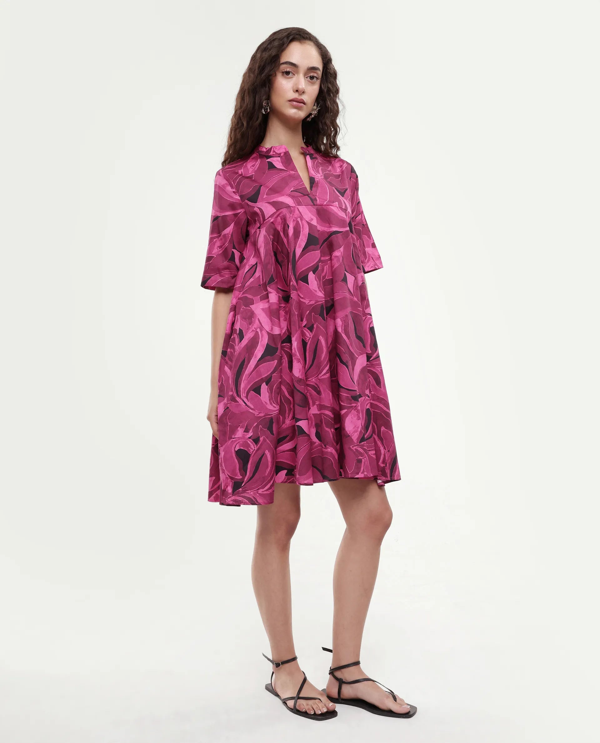 Rareism Women Jenleop Dark Pink Regular Sleeves Mandarin Collar Flared Mini Printed Dress