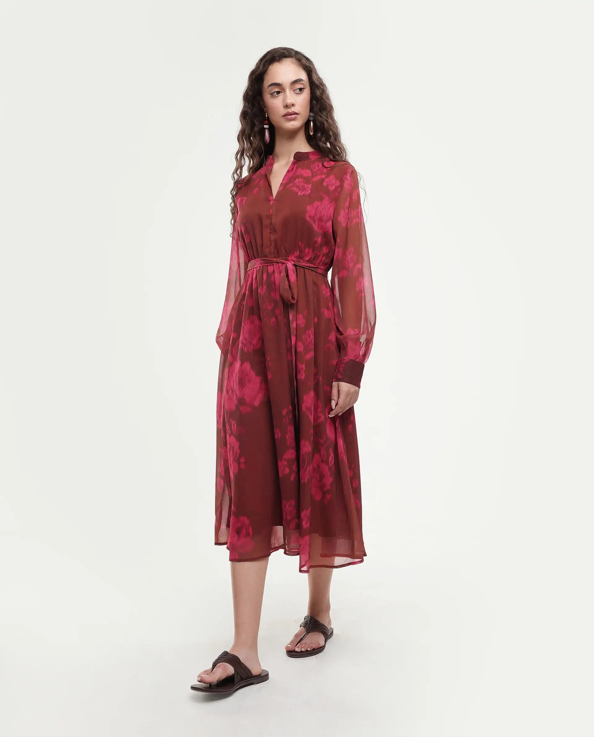 Rareism Women Jeho Brown Cuffed Sleeve Mandarin Collar Flared Midi Printed Dress