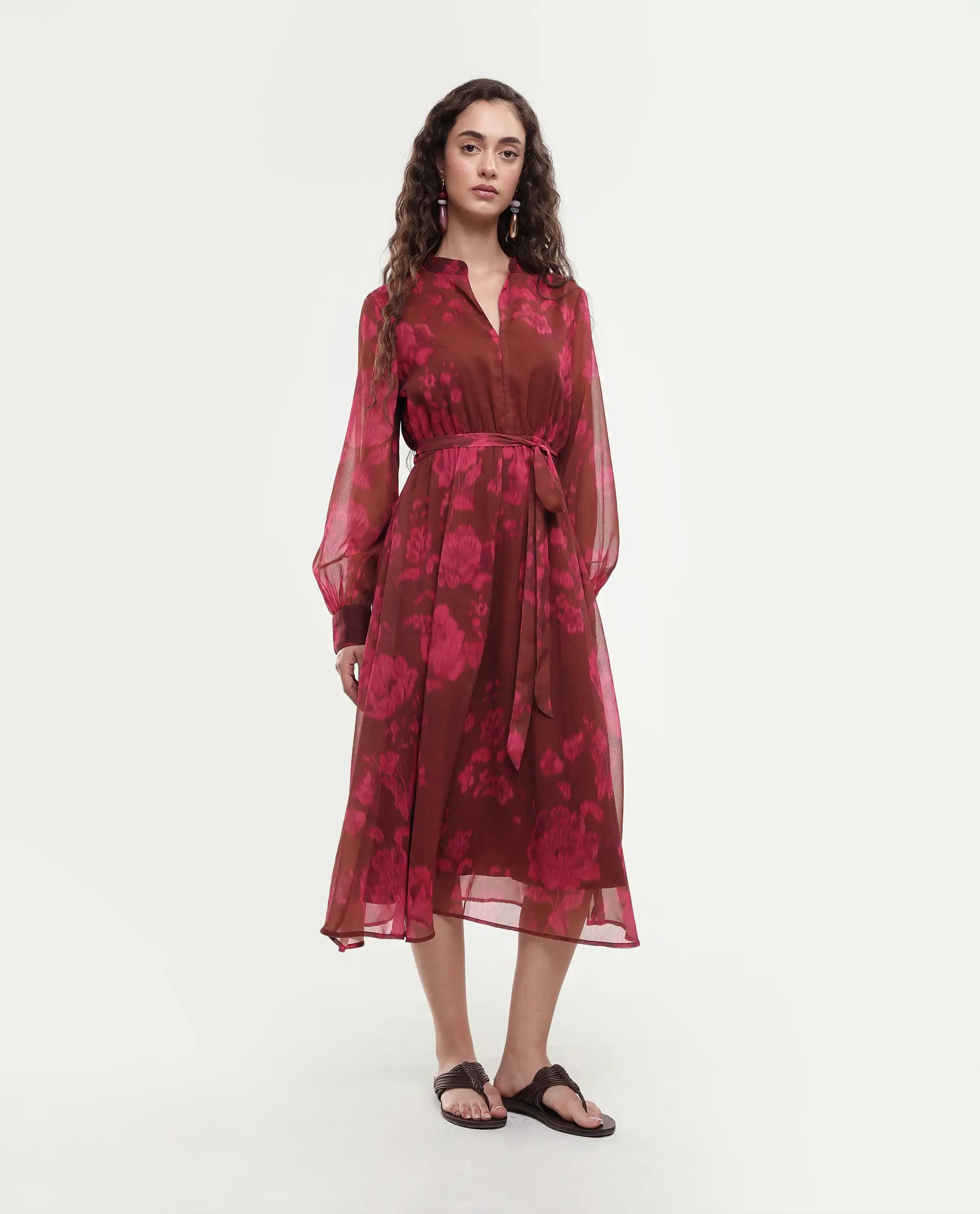 Rareism Women Jeho Brown Cuffed Sleeve Mandarin Collar Flared Midi Printed Dress