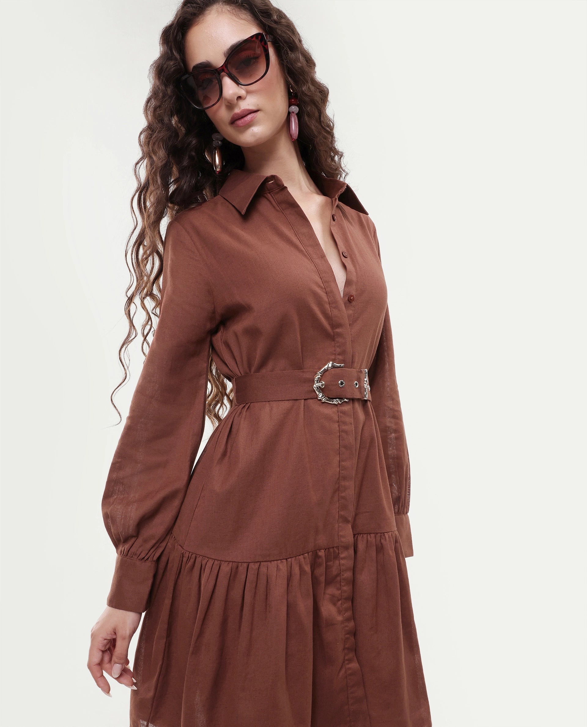 Rareism Women's Jenron Brown Cotton Blend Cuffed Sleeve Collared Neck Flared Fit Plain Dress