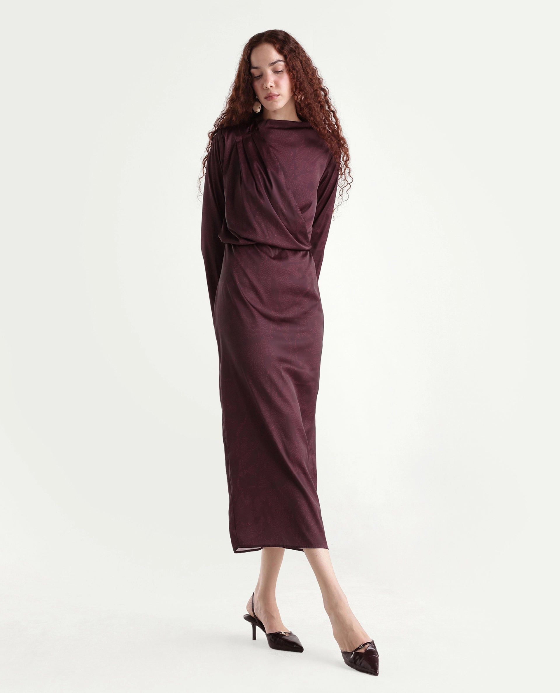 Rareism Women's Jusat Maroon Polyester Cowl Neck Straight Fit Dress
