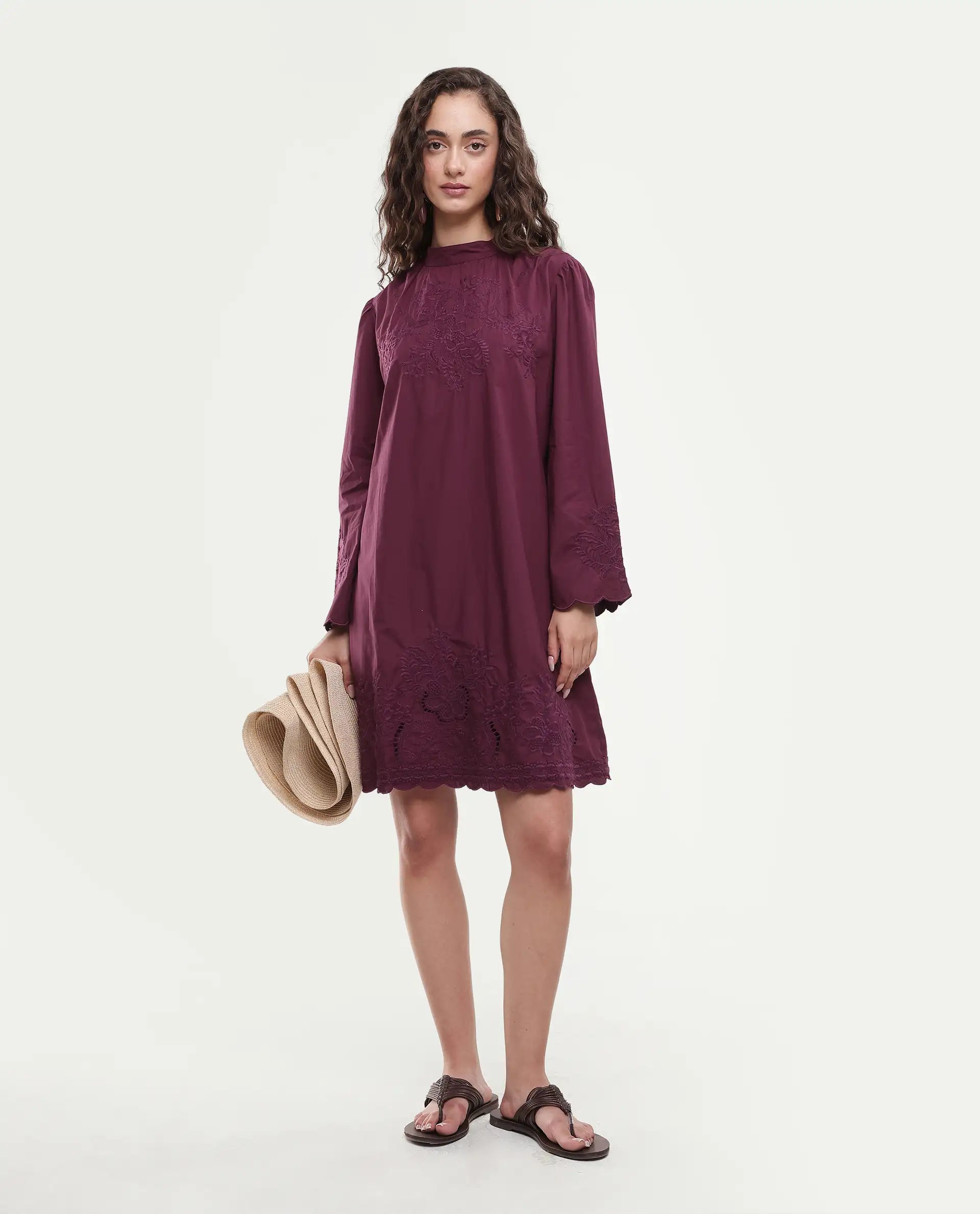Rareism Women's Jenmin Maroon Cotton Bell Sleeves Mandarin Collar A-Line Fit Plain Dress