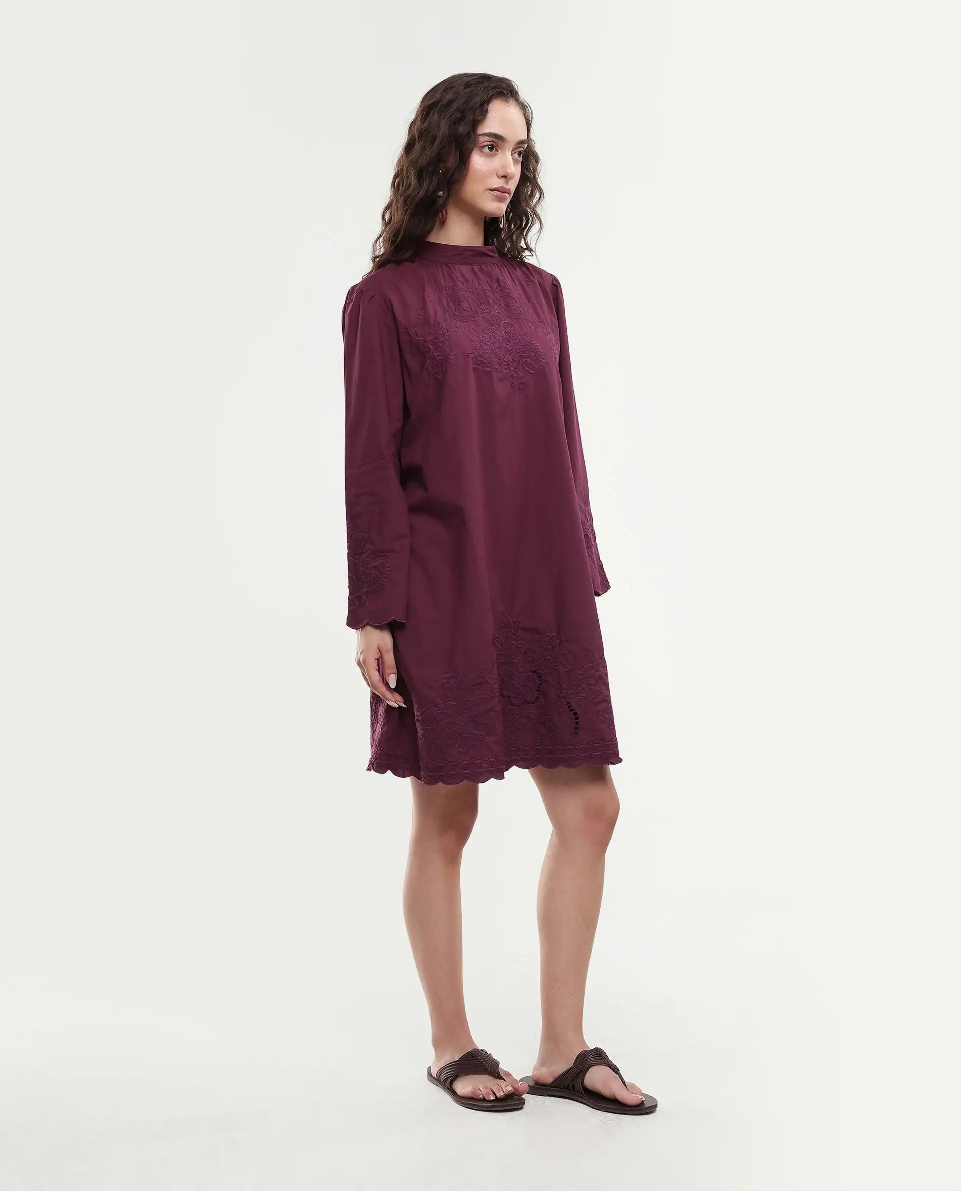 Rareism Women's Jenmin Maroon Cotton Bell Sleeves Mandarin Collar A-Line Fit Plain Dress