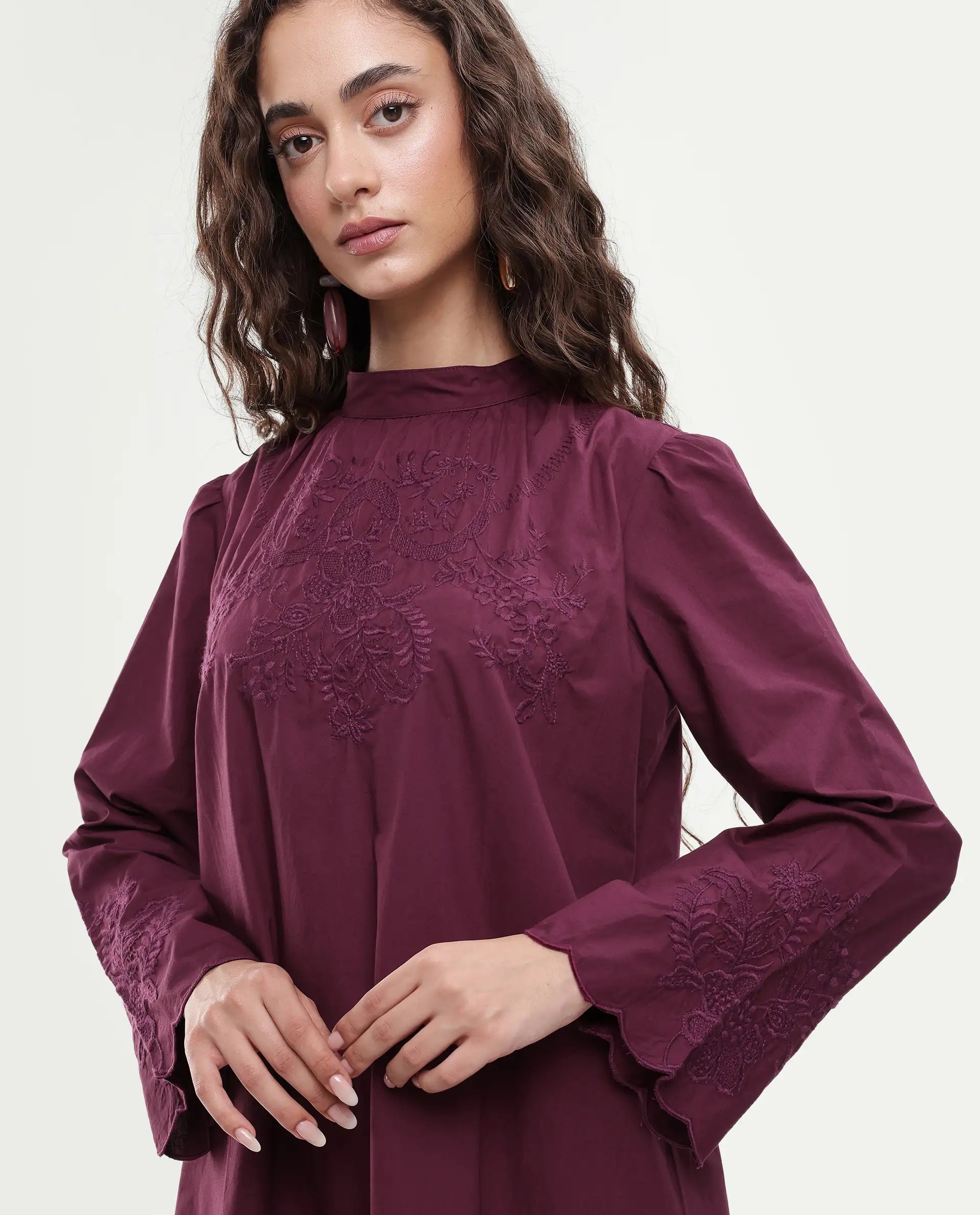 Rareism Women's Jenmin Maroon Cotton Bell Sleeves Mandarin Collar A-Line Fit Plain Dress