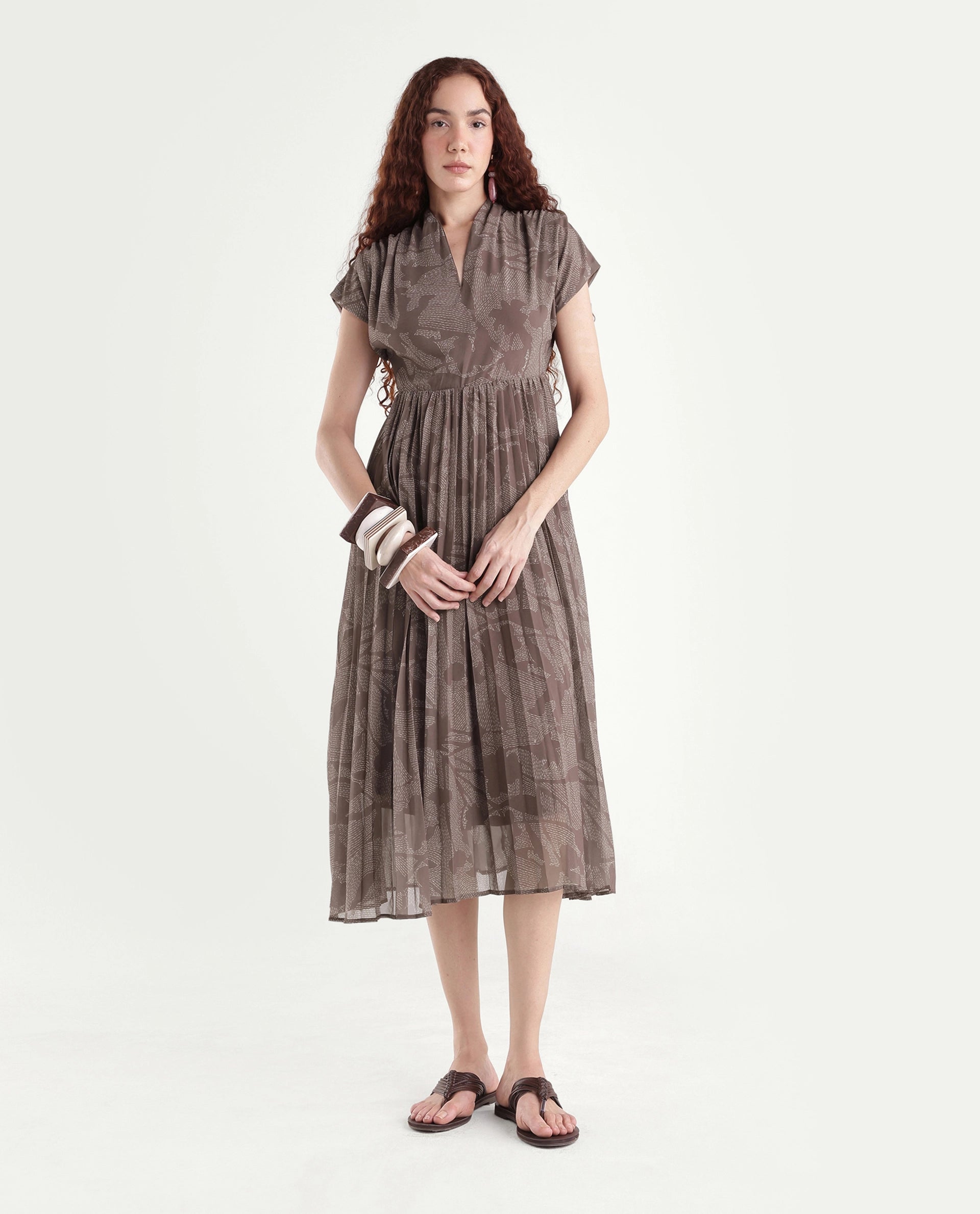 Rareism Women's Juremi Light Brown Cotton V-Neck Fit And Flare Printed Dress