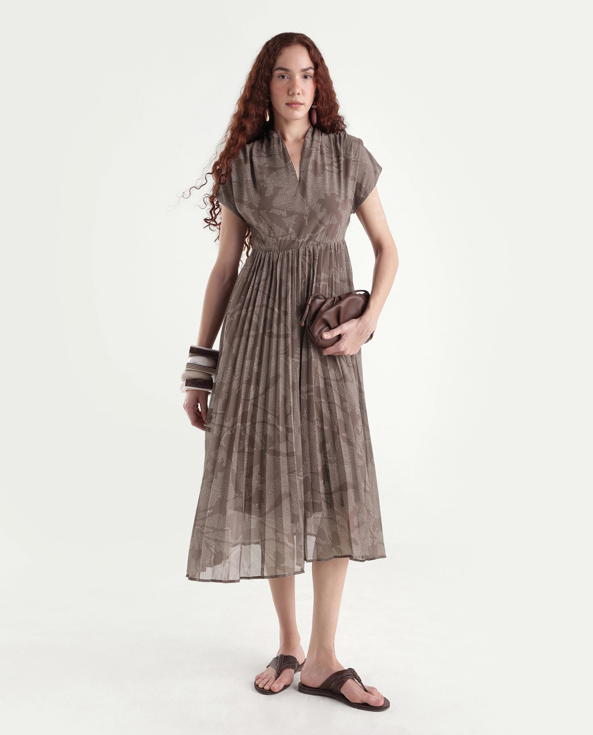 Rareism Women's Juremi Light Brown Cotton V-Neck Fit And Flare Printed Dress