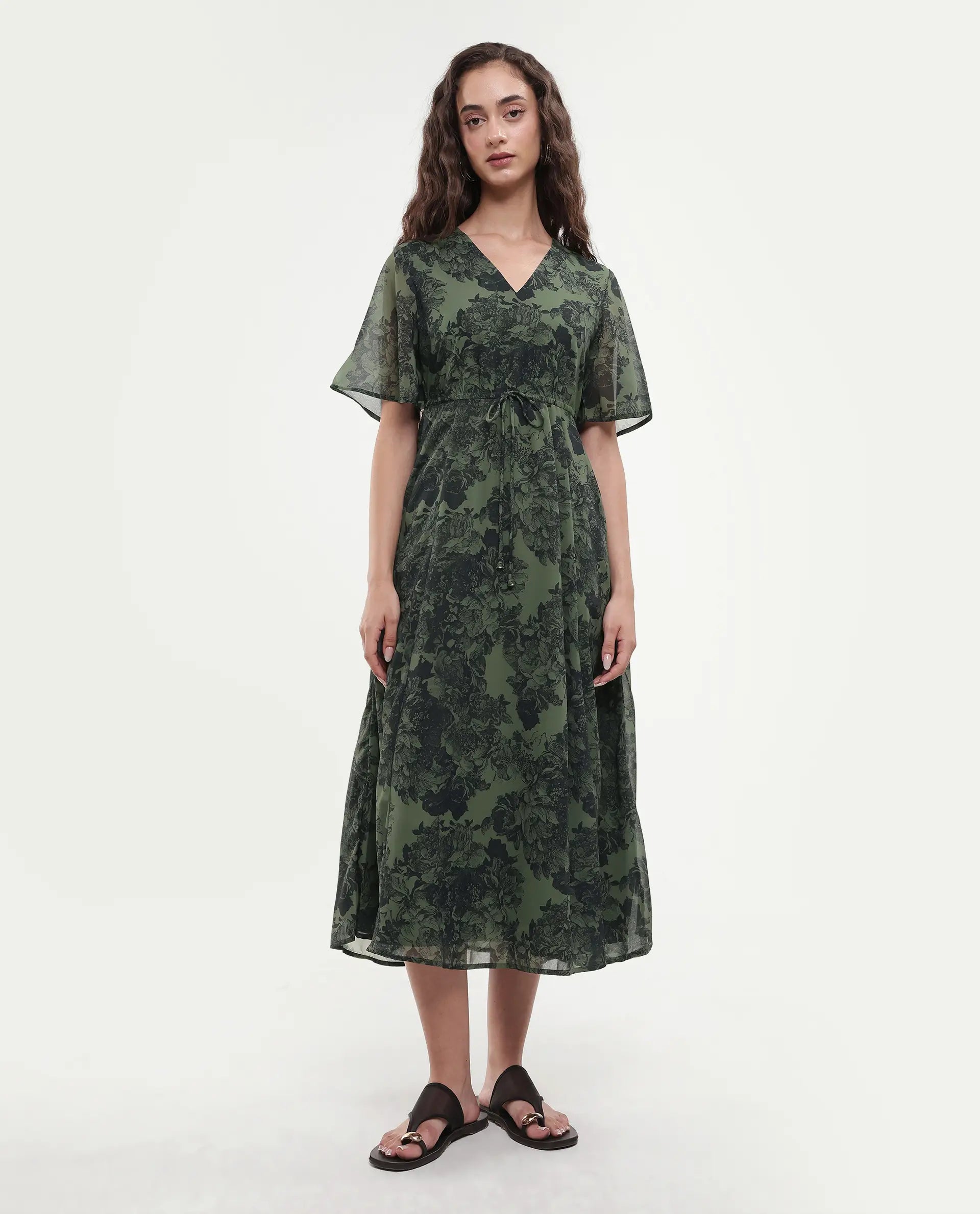 Rareism Women's Elgon Dark Green Polyester V-Neck Flared Floral Print Midi Dress