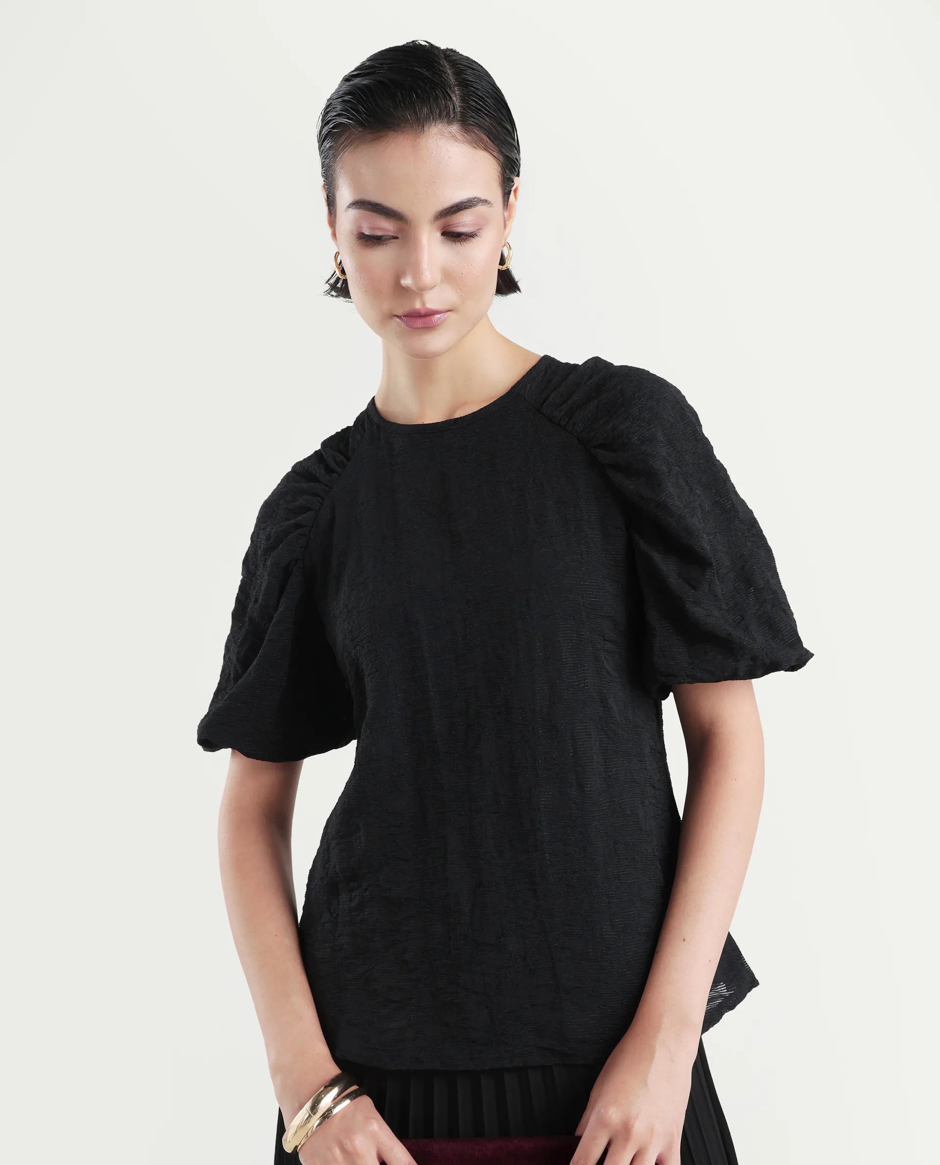 Rareism Women's Nuten Black Nylon Blend Balloon Sleeve Crew Neck Regular Fit Plain Top